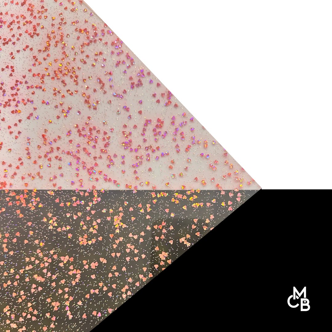 1/8" Fluorescent Edge Holographic Pink Hearts Shaped Glitter Cast Acrylic Sheets - Acrylic Sheets