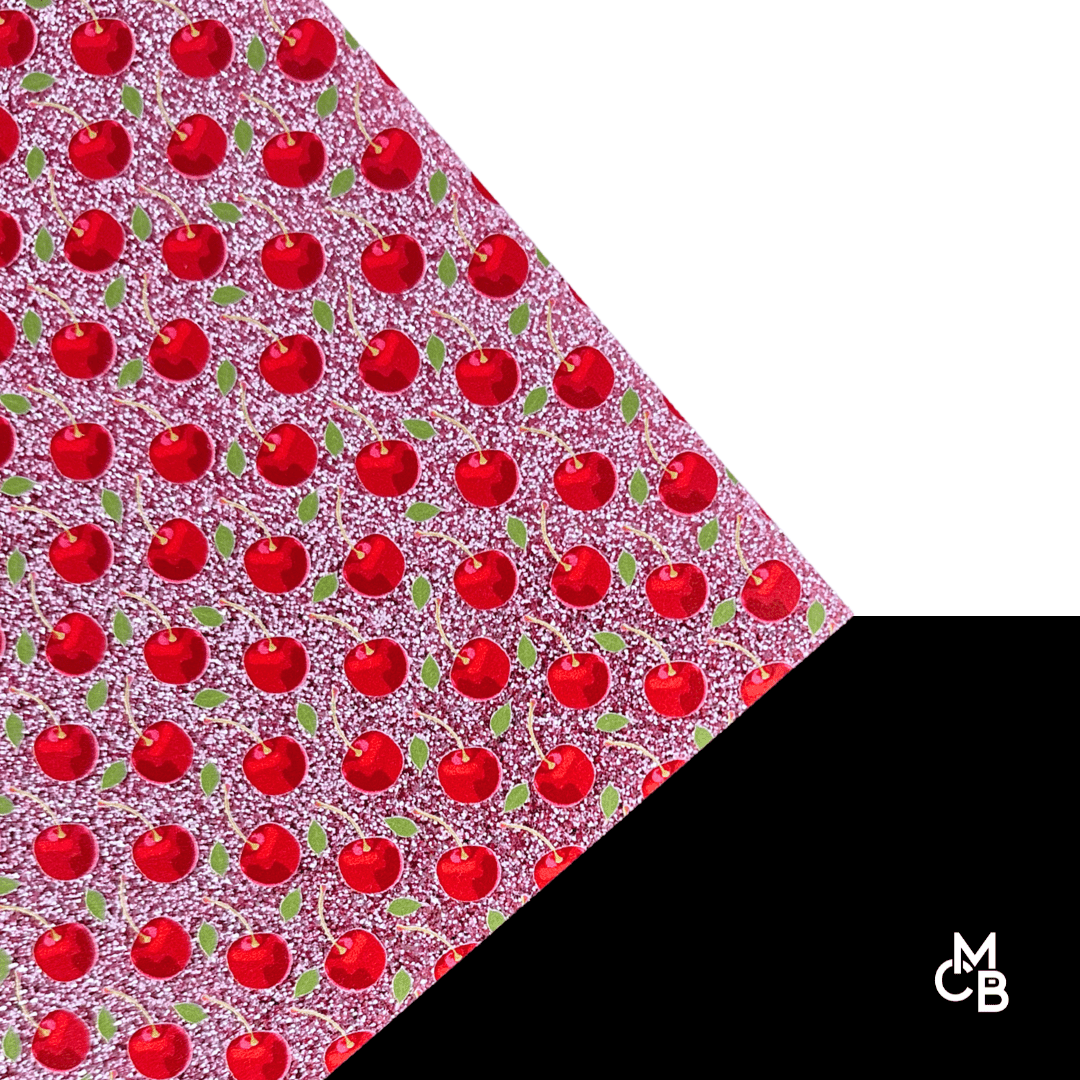 1/8" Scattered Cherries on Baby Pink Glitter Acrylic Sheet CMB PRESTIGE PATTERNS - CMB Prestige Pattern