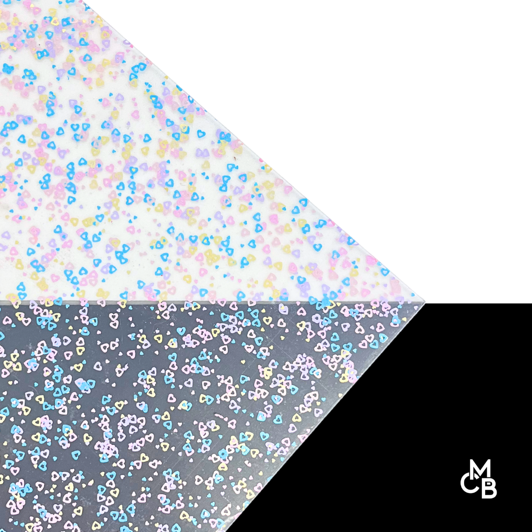 1/8" Pastel Hollow Hearts Scattered Shaped Glitter Cast Acrylic Sheets