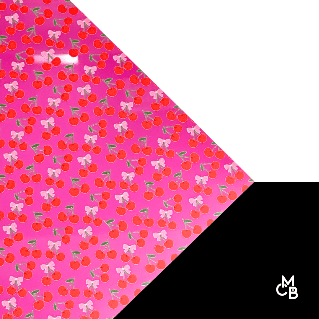 1/8" Cherries & Bows on Pink Metallic Acrylic Sheet CMB PRESTIGE PATTERNS - CMB Prestige Pattern