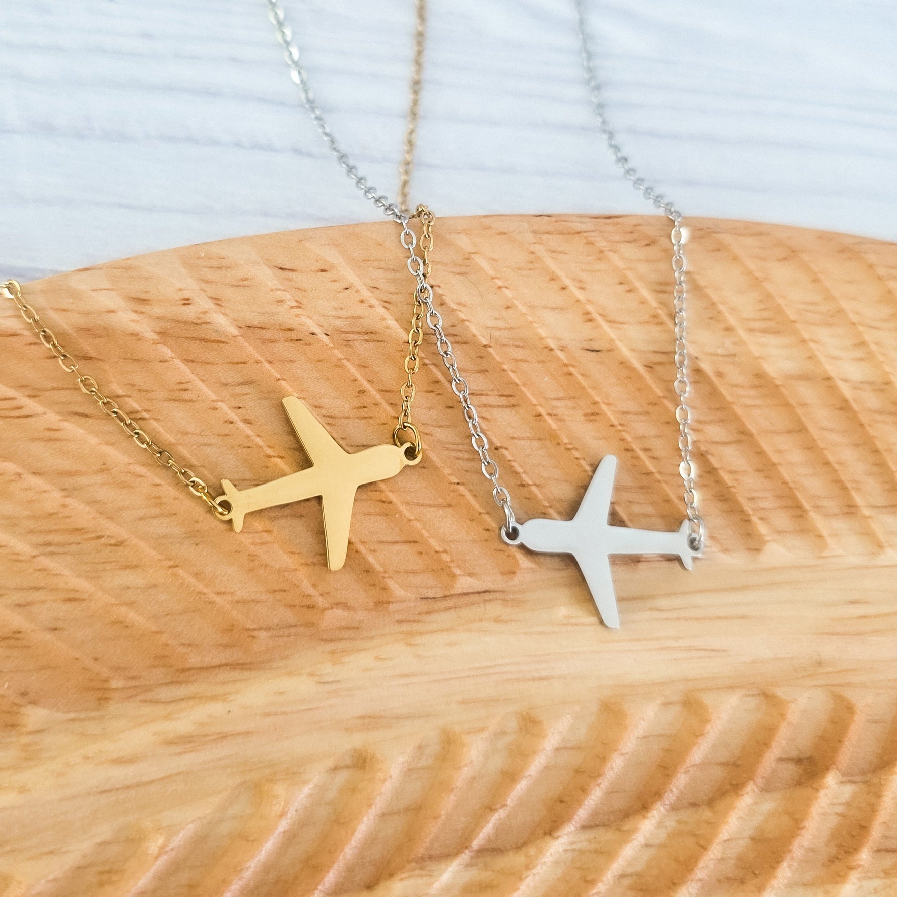 Airplane Pendant Necklace (Silver or Gold), 1 Total, Metal Blank 196 - 