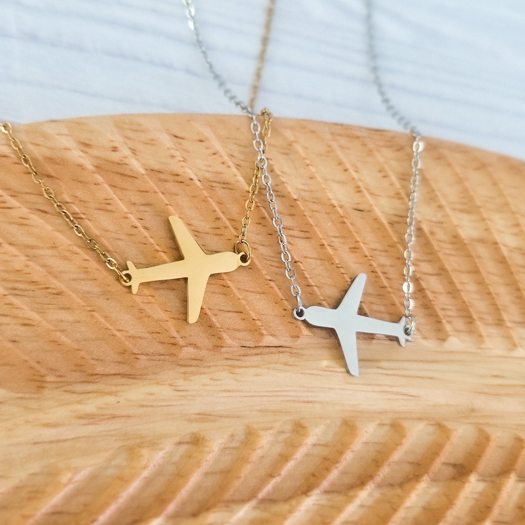 Airplane Pendant Necklace (Silver or Gold), 1 Total, Metal Blank 196 - 