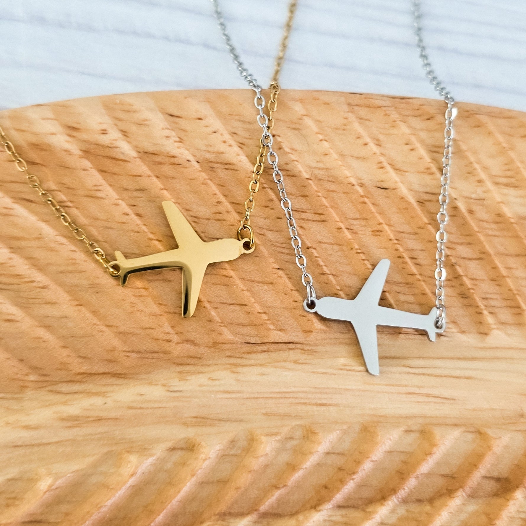Airplane Pendant Necklace (Silver or Gold), 1 Total, Metal Blank 196 - 