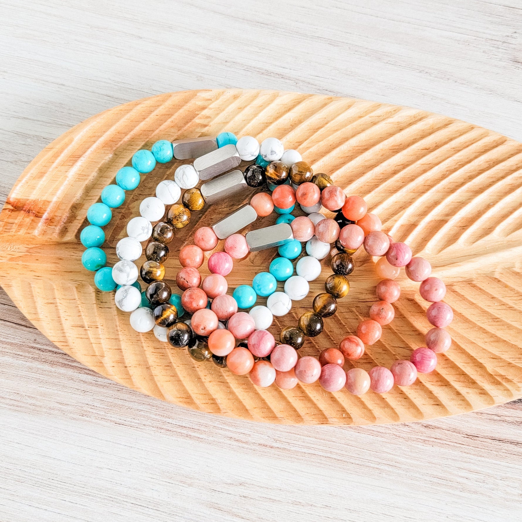 Beaded Stone Bracelet (Choose Turquoise, White Howlite, Tiger Eye, Pink Aventurine, or Rhodonite), 1 Total, Metal Blank 48 - 