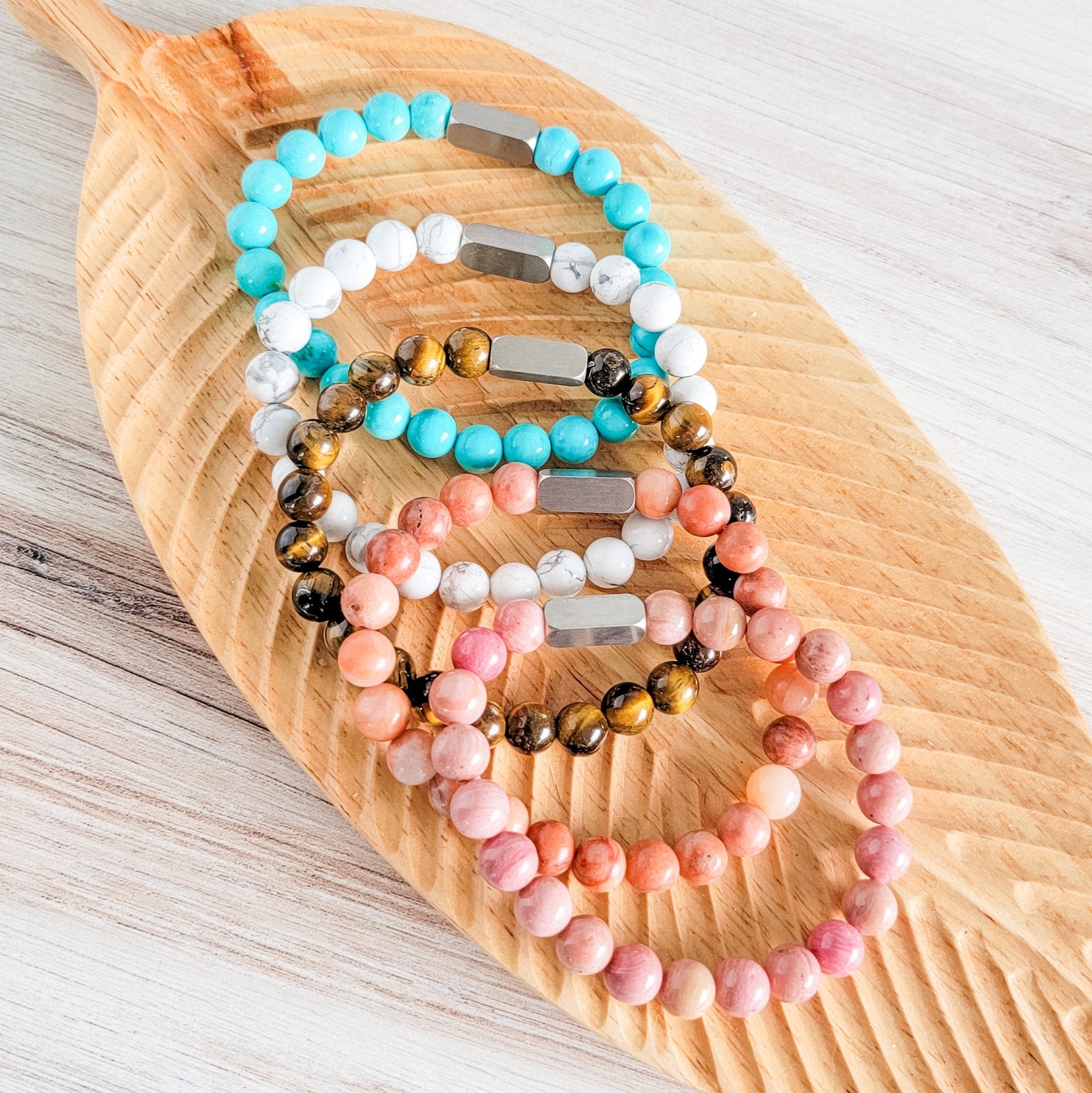 Beaded Stone Bracelet (Choose Turquoise, White Howlite, Tiger Eye, Pink Aventurine, or Rhodonite), 1 Total, Metal Blank 48 - 