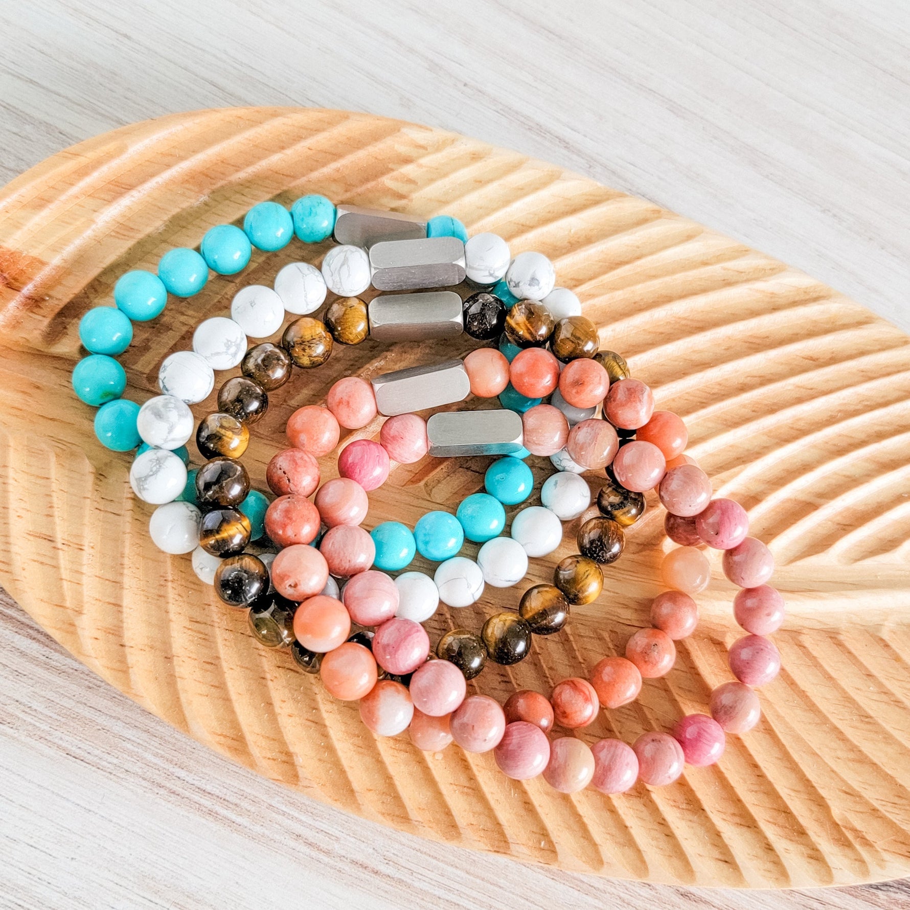 Beaded Stone Bracelet (Choose Turquoise, White Howlite, Tiger Eye, Pink Aventurine, or Rhodonite), 1 Total, Metal Blank 48 - 