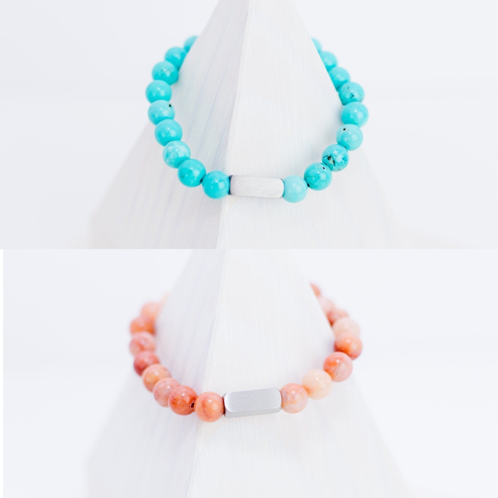 Beaded Stone Bracelet (Choose Turquoise, White Howlite, Tiger Eye, Pink Aventurine, or Rhodonite), 1 Total, Metal Blank 48 - 