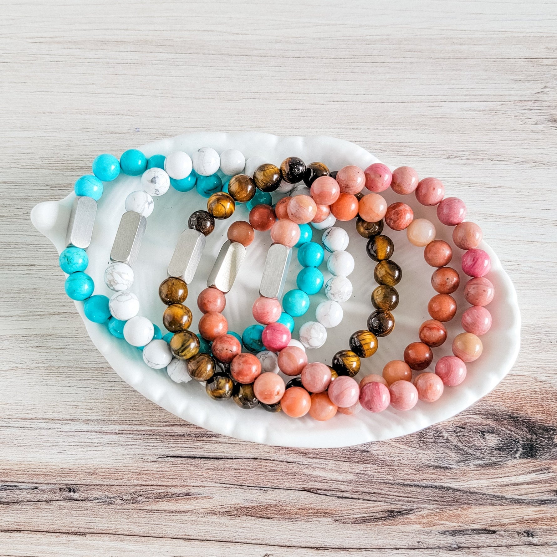 Beaded Stone Bracelet (Choose Turquoise, White Howlite, Tiger Eye, Pink Aventurine, or Rhodonite), 1 Total, Metal Blank 48 - 