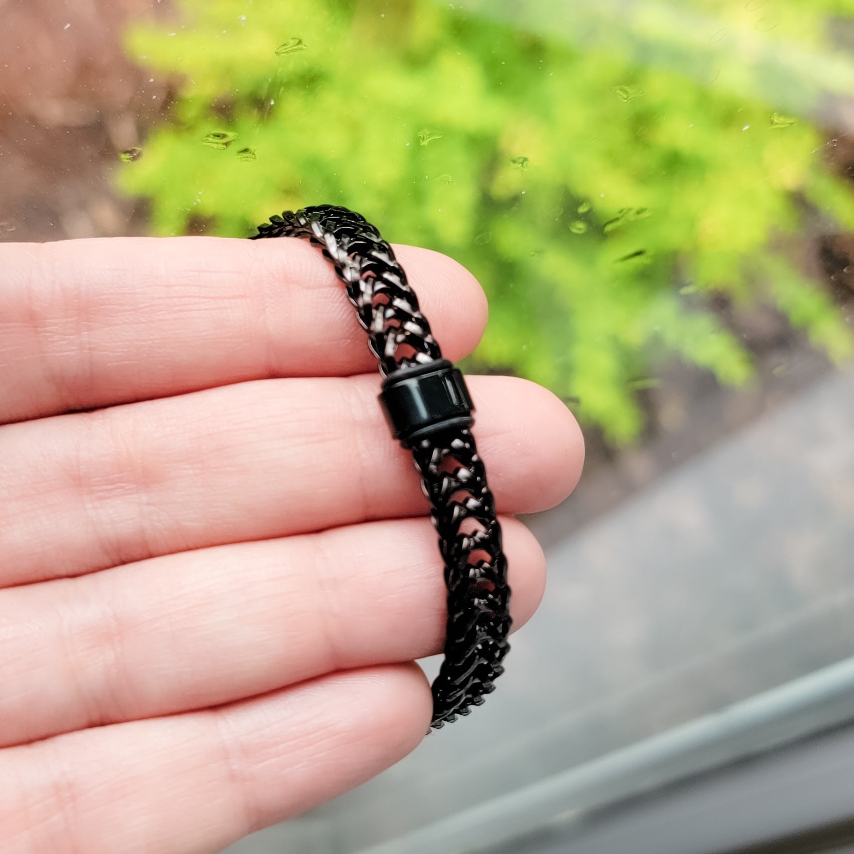 Black Braided Chain With Rectangle Charm Men's Bracelet, 1 Total, Metal Blank 186 - 