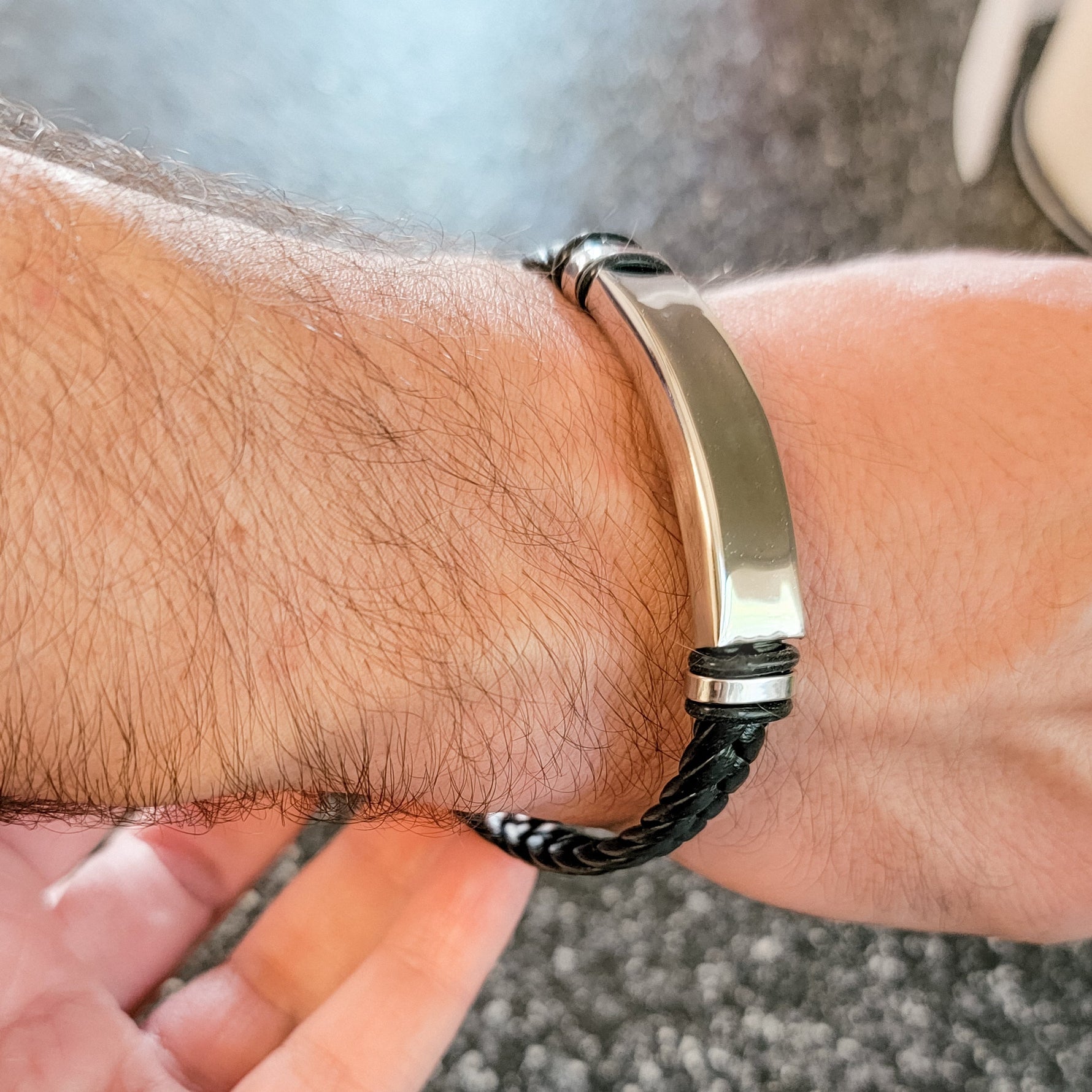 Black Braided Cord Men's Bracelet, 1 Total, Metal Blank 126 - 