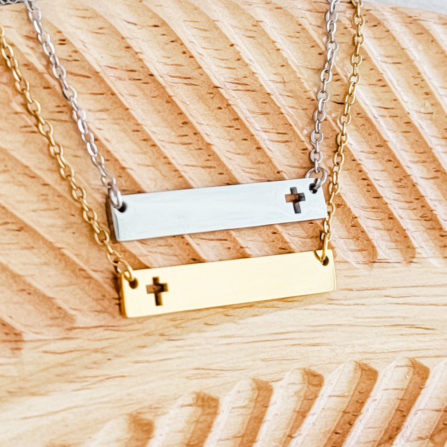 Cross Cutout Horizontal Bar Necklace (Silver or Gold), 1 Total, Metal Blank 180 - 