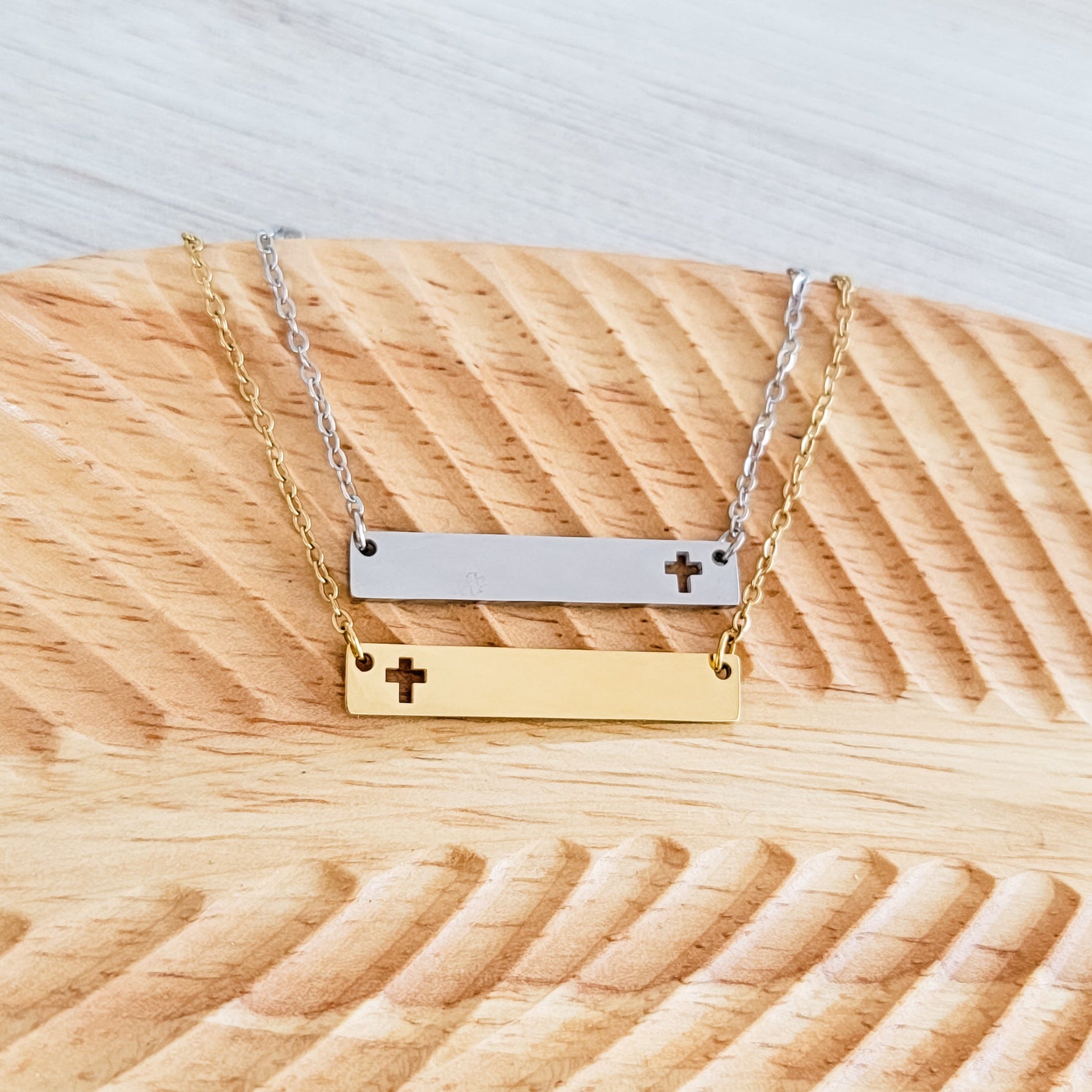 Cross Cutout Horizontal Bar Necklace (Silver or Gold), 1 Total, Metal Blank 180 - 