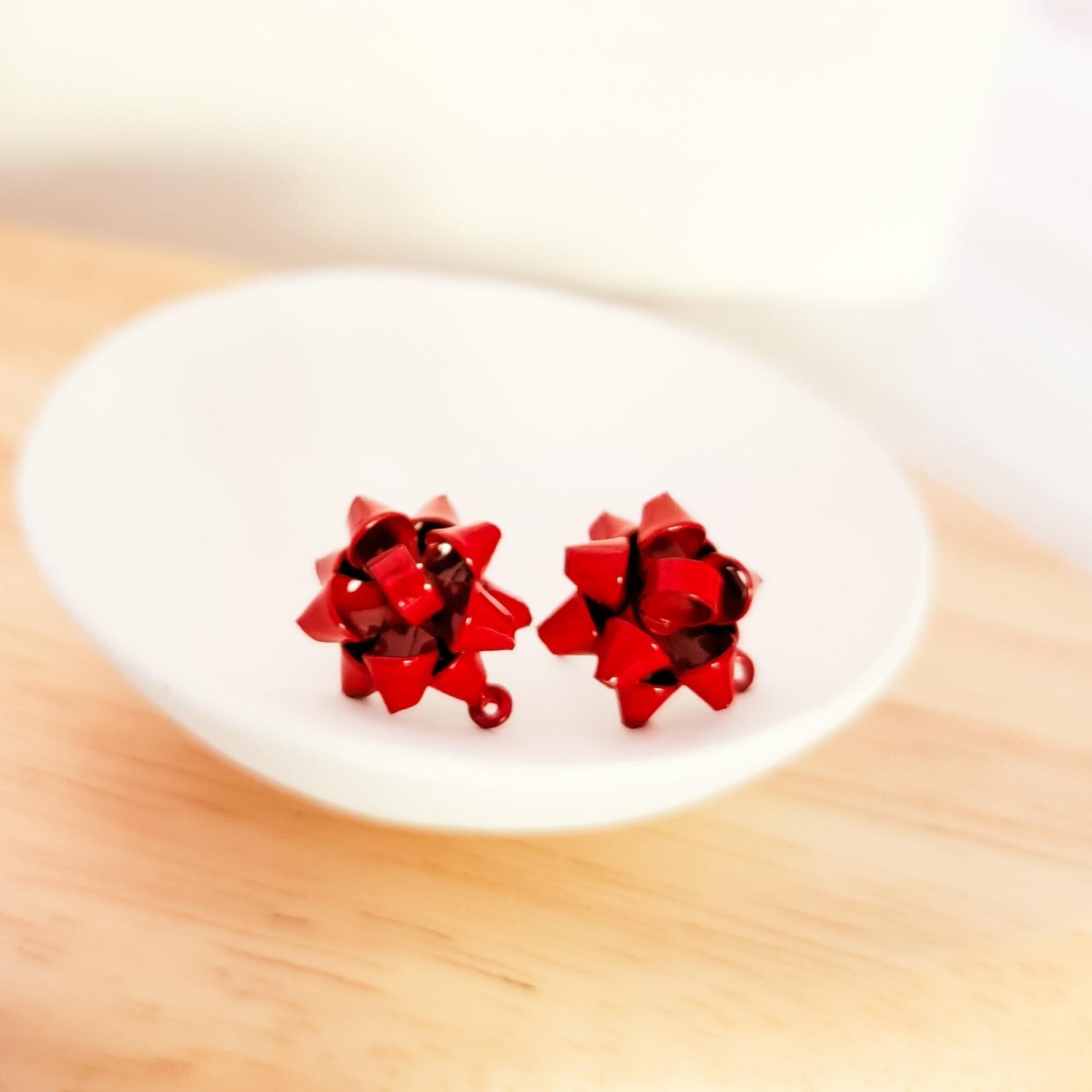 Dark Red Gift Box Stainless Steel Bow Stud Connector, 1 Pair, Bow 26 - 