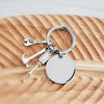 Disc with Tool Trio Charm Keychain (Silver), 1 Piece Total, Metal Blank 94 - 