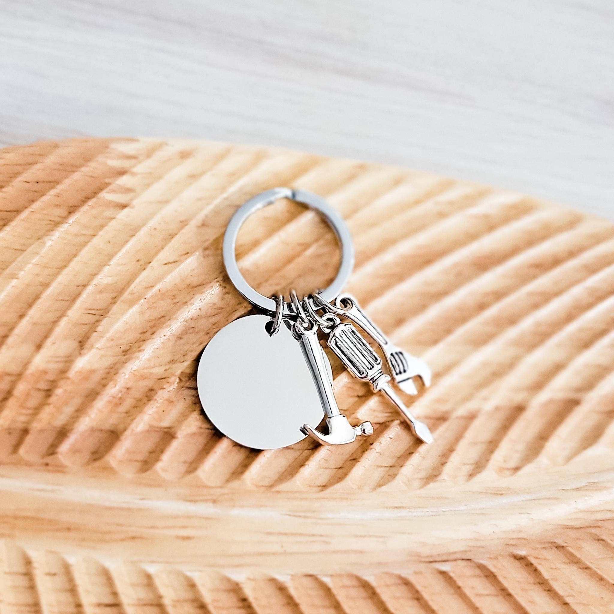 Disc with Tool Trio Charm Keychain (Silver), 1 Piece Total, Metal Blank 94 - 