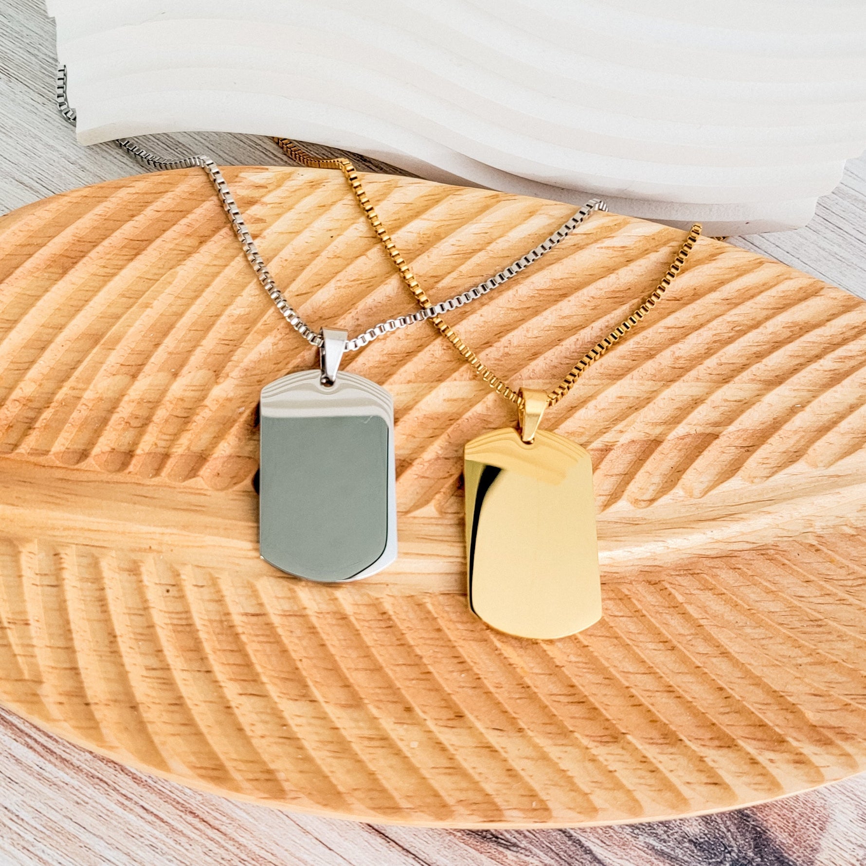 Dog Tag Box Chain Necklace (Silver or Gold), 1 Total, Metal Blank 139 - 