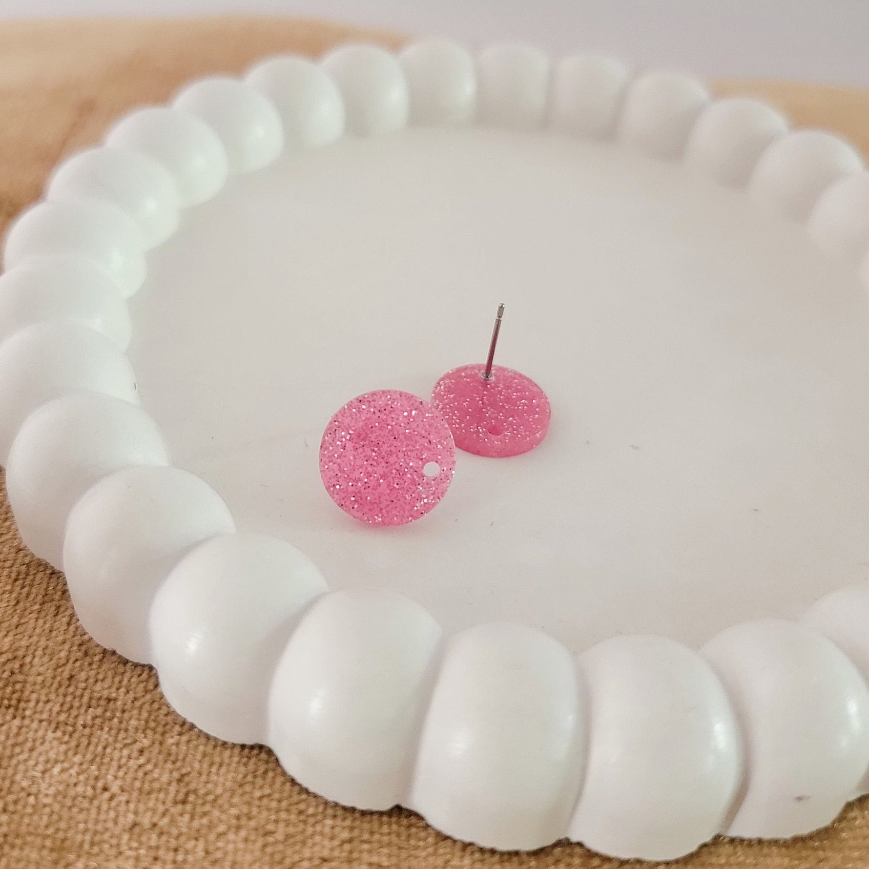 Glitter Bubblegum Pink Acrylic Circle Stud Earring (14mm), 10 Pieces, Acrylic Stud 35 - 