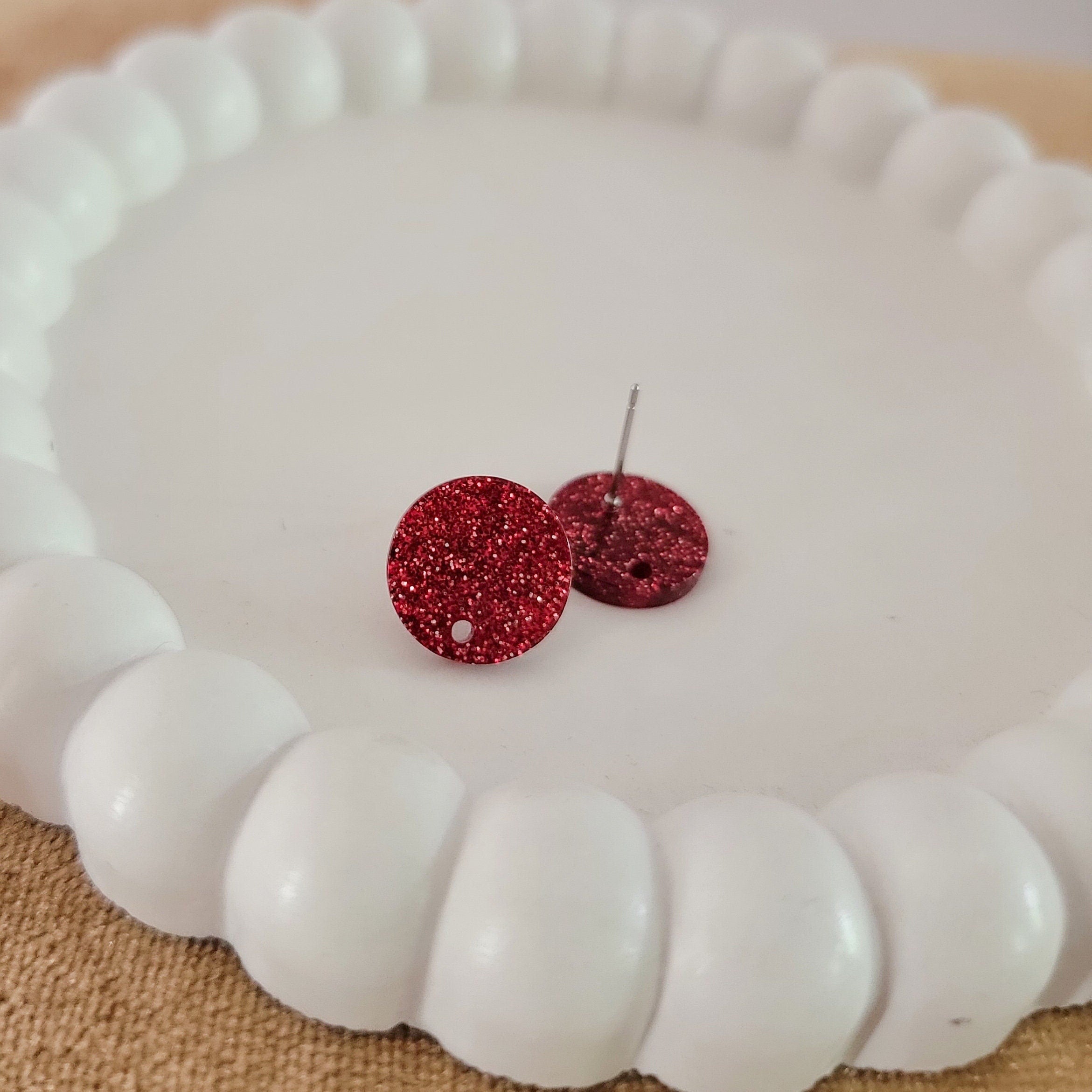 Glitter Crimson Red Acrylic Circle Stud Earring (14mm), 10 Pieces, Acrylic Stud 39 - 