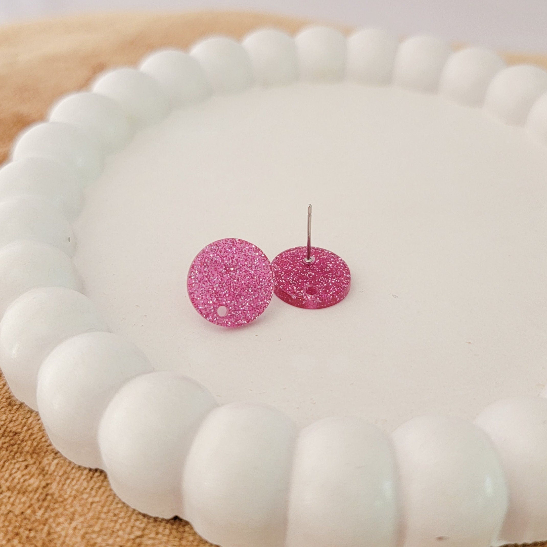 Glitter Magenta Pink Acrylic Circle Stud Earring (14mm), 10 Pieces, Acrylic Stud 36 - 