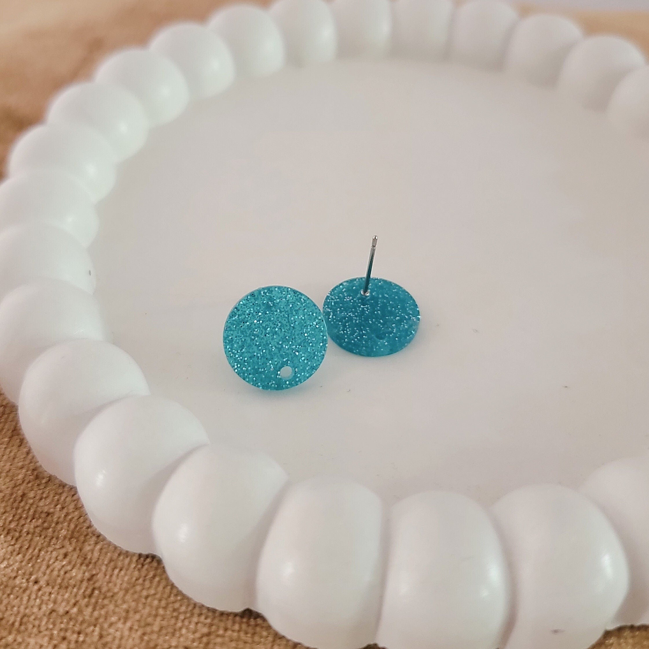 Glitter Teal Acrylic Circle Stud Earring (14mm), 10 Pieces, Acrylic Stud 41 - 