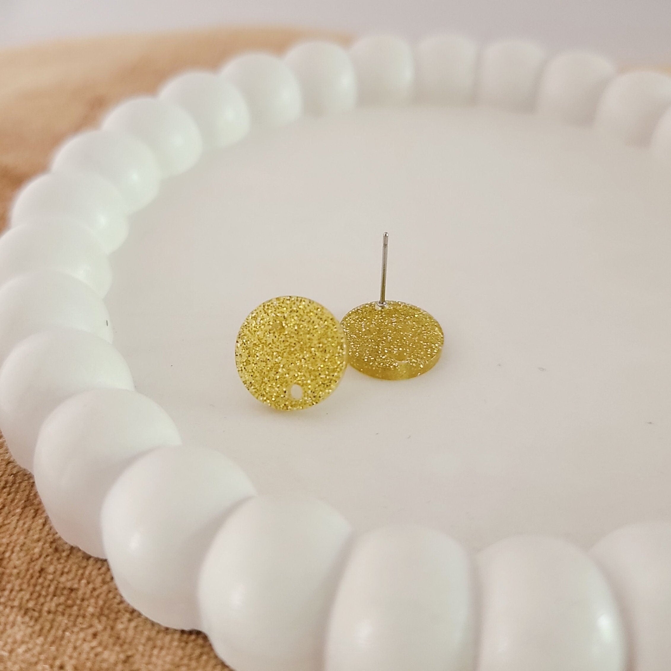 Glitter Yellow Acrylic Circle Stud Earring (14mm), 10 Pieces, Acrylic Stud 47 - 