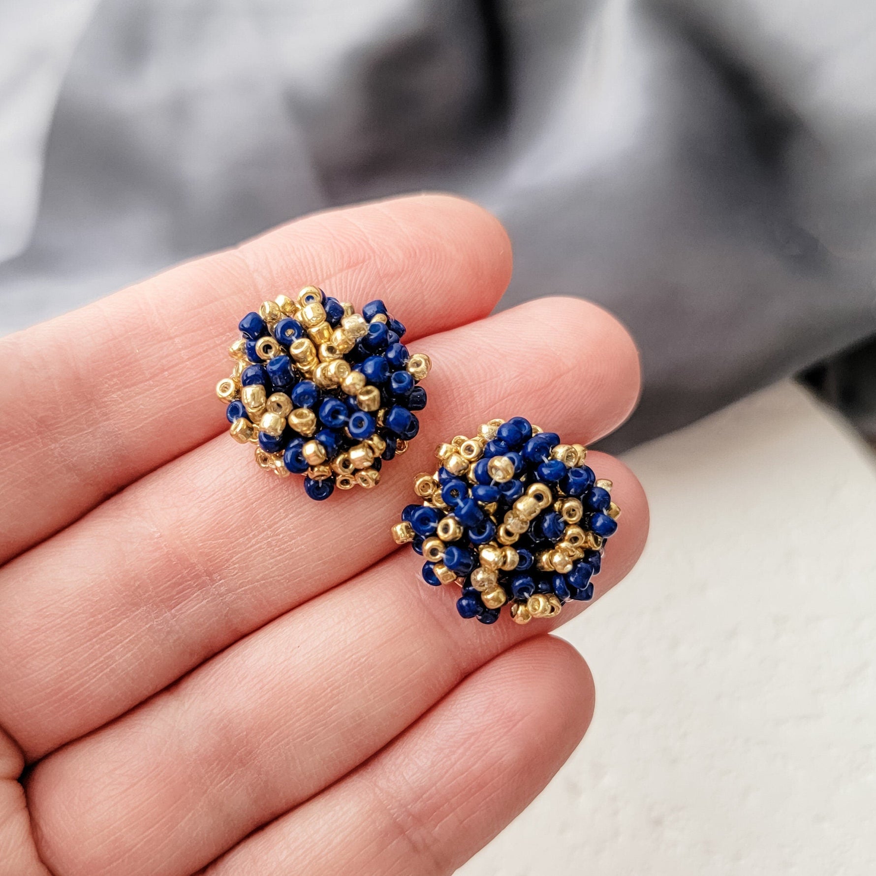 Gold and Navy Mix 15mm Small Seed Bead Topper, 1 Pair, Seed Bead 78 - 