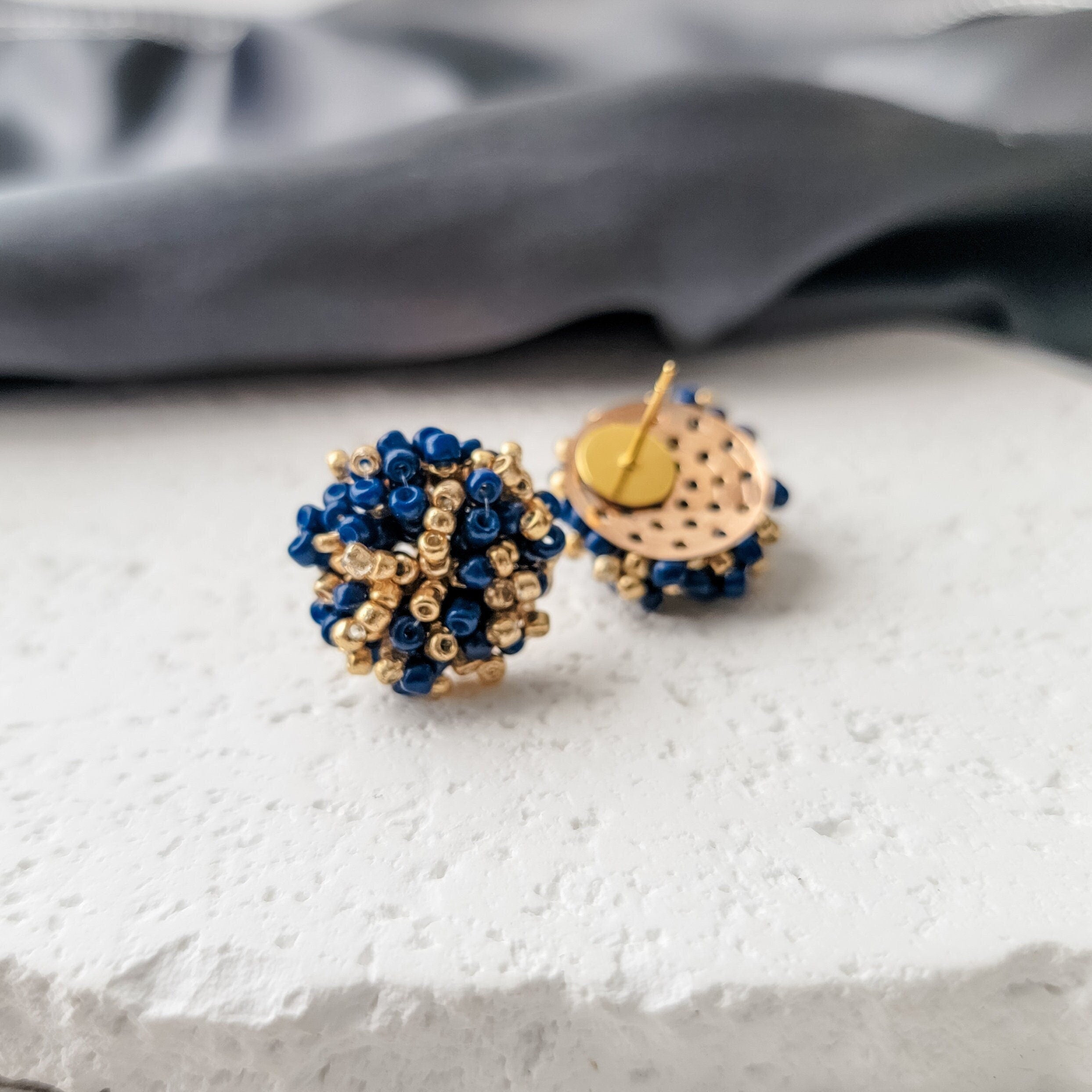 Gold and Navy Mix 15mm Small Seed Bead Topper, 1 Pair, Seed Bead 78 - 