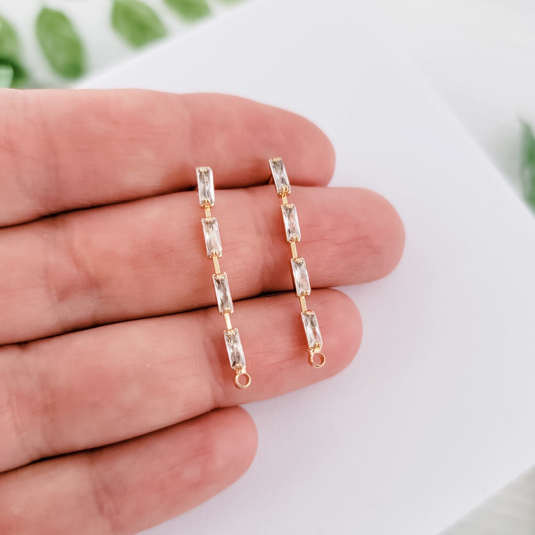Gold Baguette Cubic Zirconia Cascade Studs with Loops (CZ), 10 Pieces, Stud 69 - 