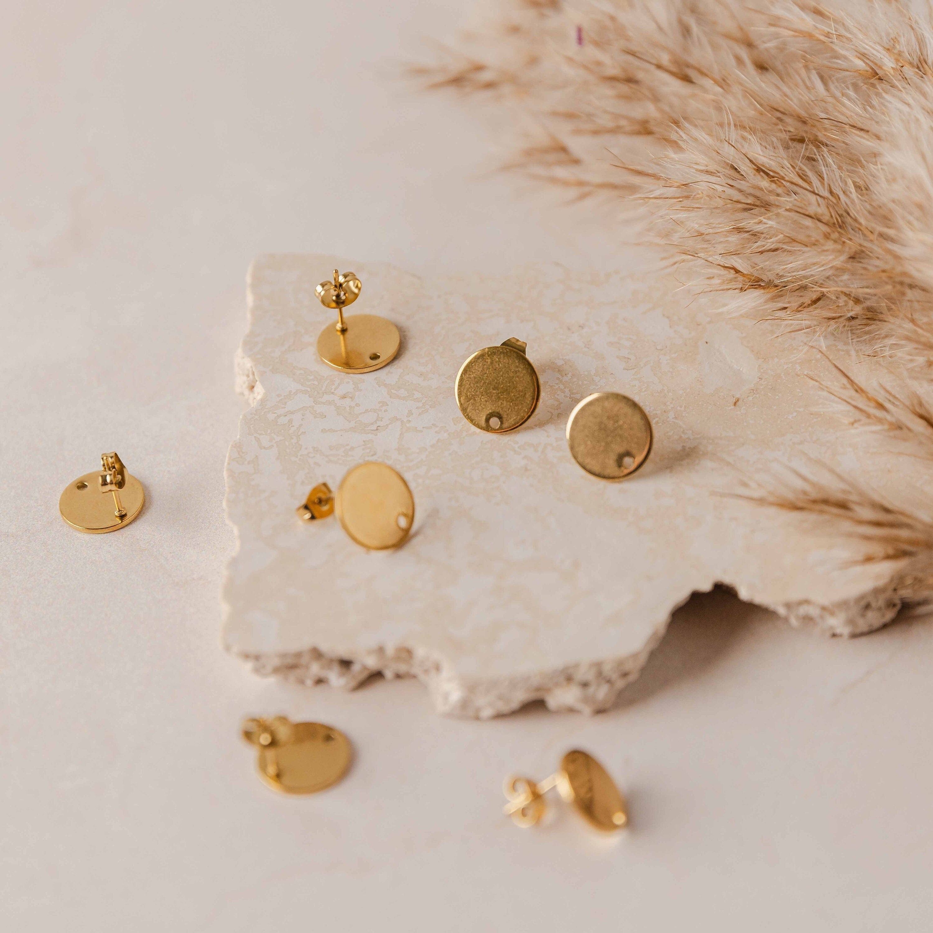 Gold Flat Round Stud Findings with Holes, 10 Pieces, Stud 93 - 