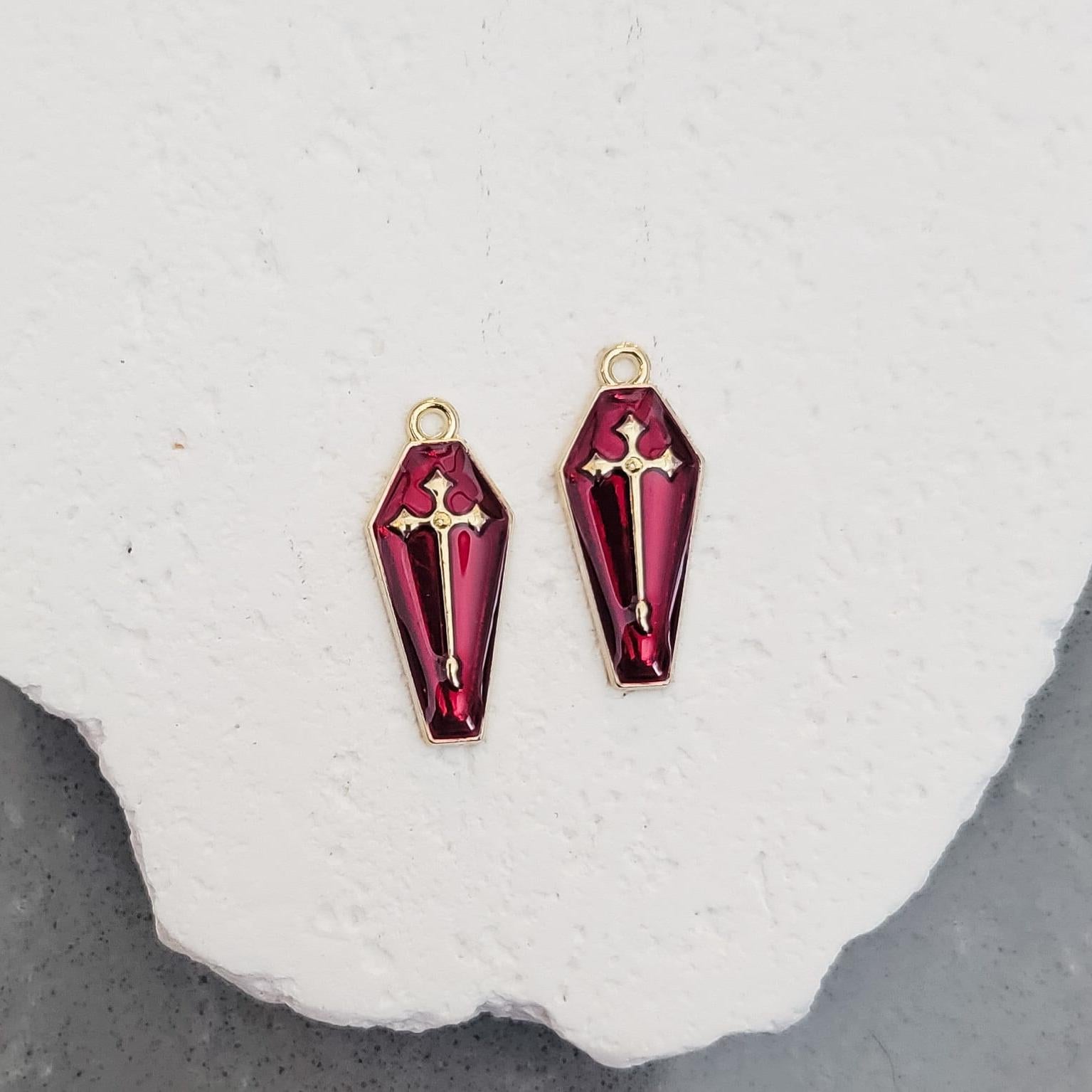 Gold & Maroon Coffin Enamel and Alloy Pendant Charm, 10 Pieces, Charm 11 - 