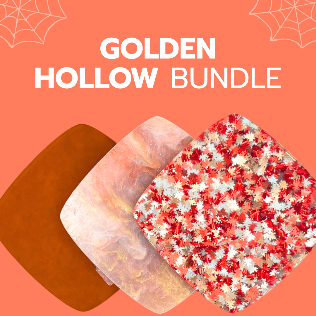 Golden Hollow Bundle with Frosted Tropical Orange, Griffin Glimmer Marbled Glitter & Holographic Red/Orange Maple Leaves Acrylic