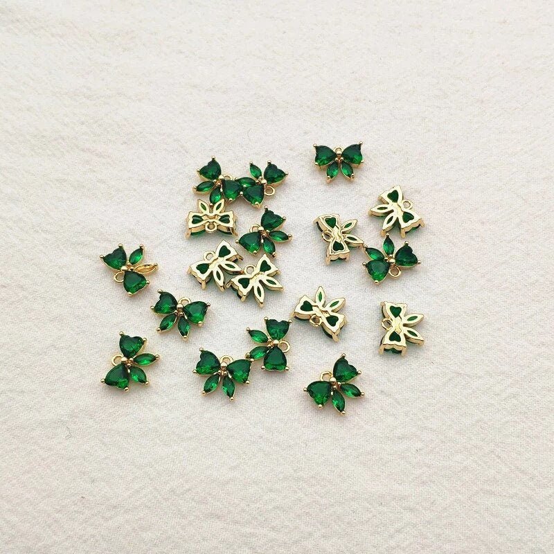 Green Cubic Zirconia Gold Bow Charms, 10 Pieces, Charm 30 - 
