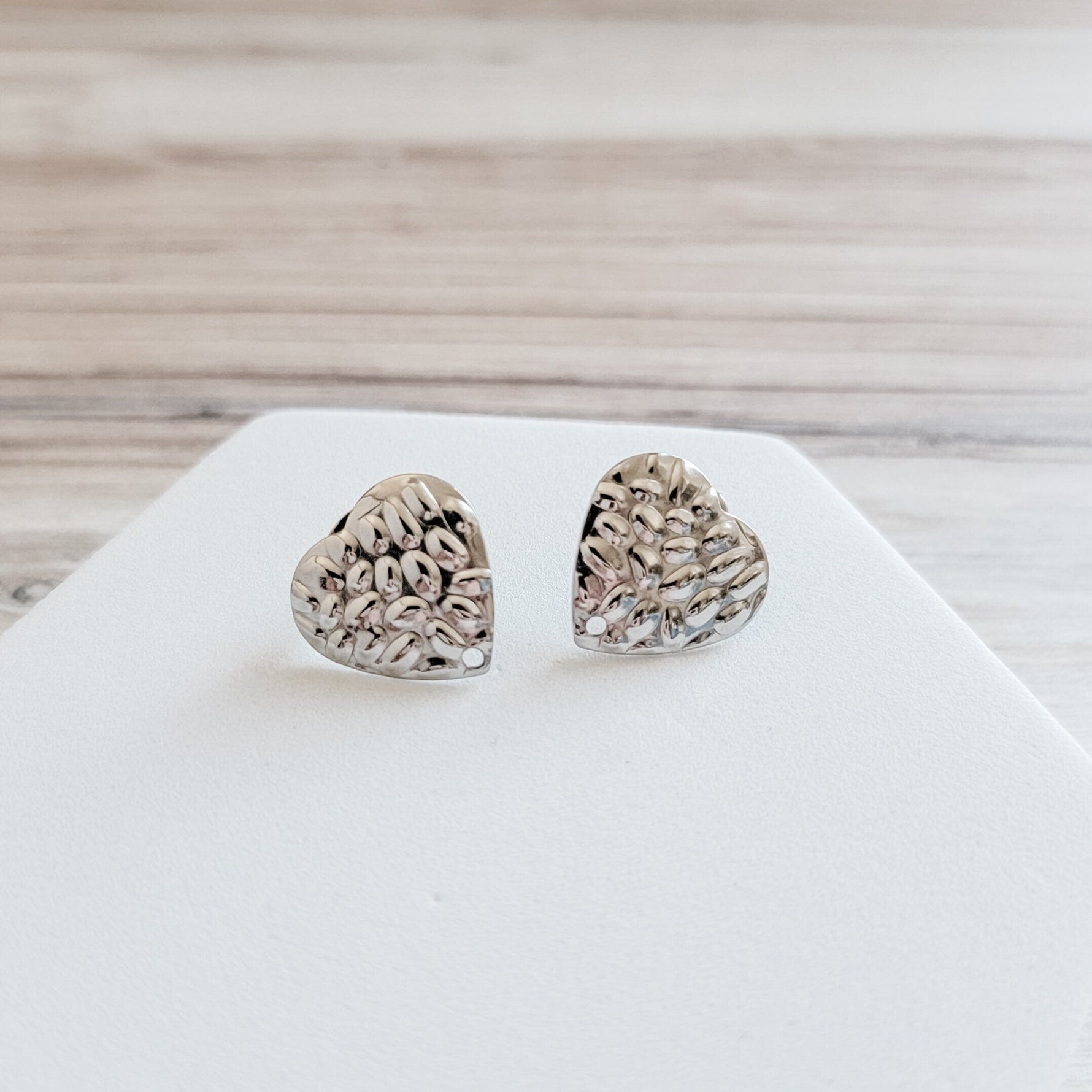 Hammered Silver Heart Stud Findings with Holes, 10 Pieces - 