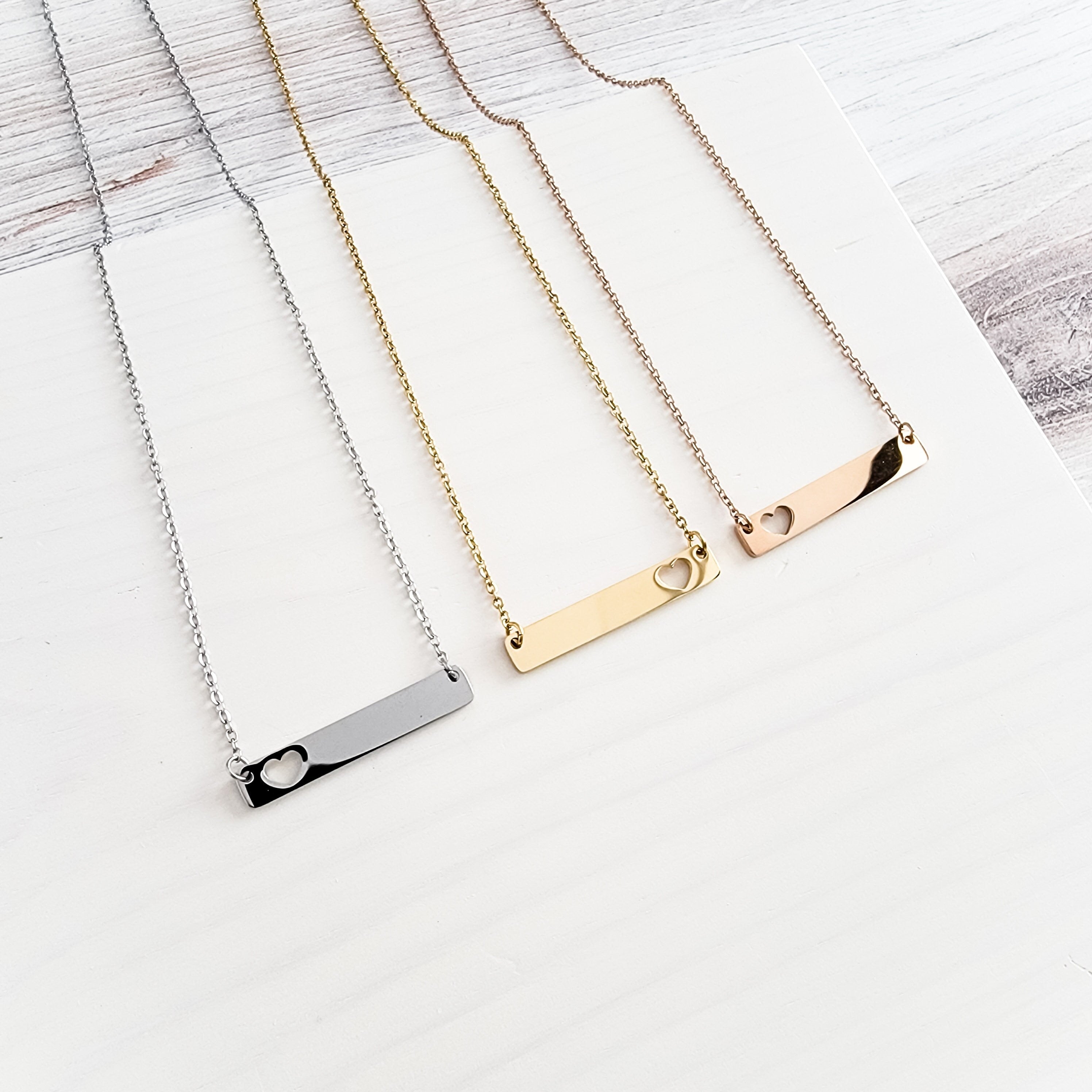 Heart Cutout Horizontal Bar Necklace (Silver, Gold, Rose Gold), 1 Total, Metal Blank 17 - 