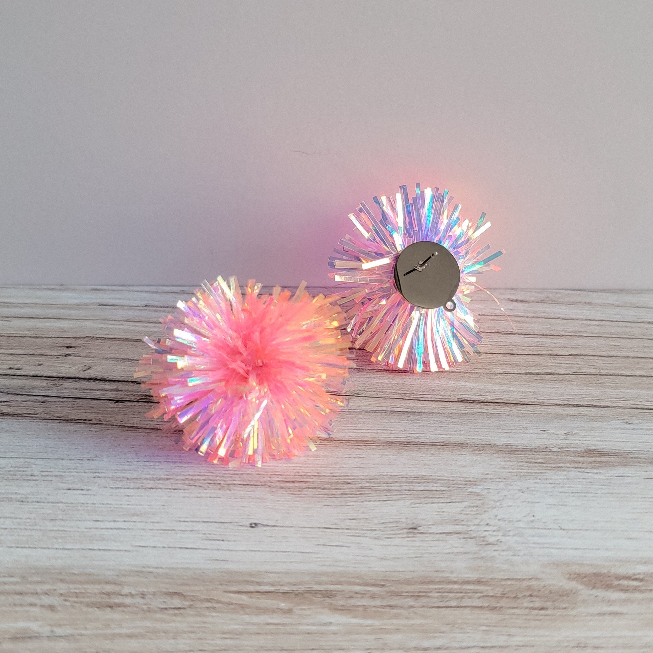 Iridescent Light Pink Tinsel 30mm Large Stud Topper, 1 Pair, Stud 177 - 