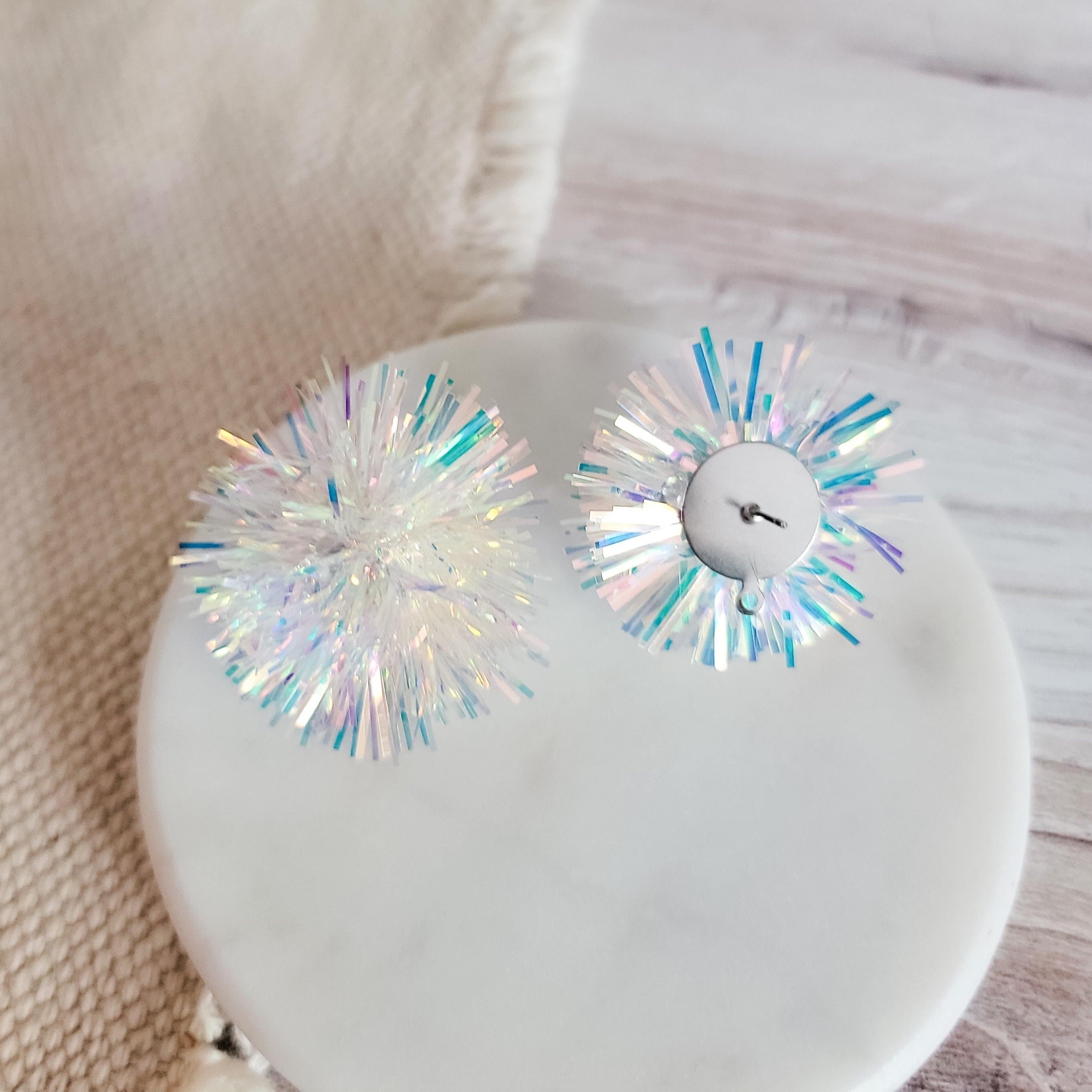 Iridescent White Tinsel 30mm Large Stud Topper, 1 Pair, Stud 180 - 