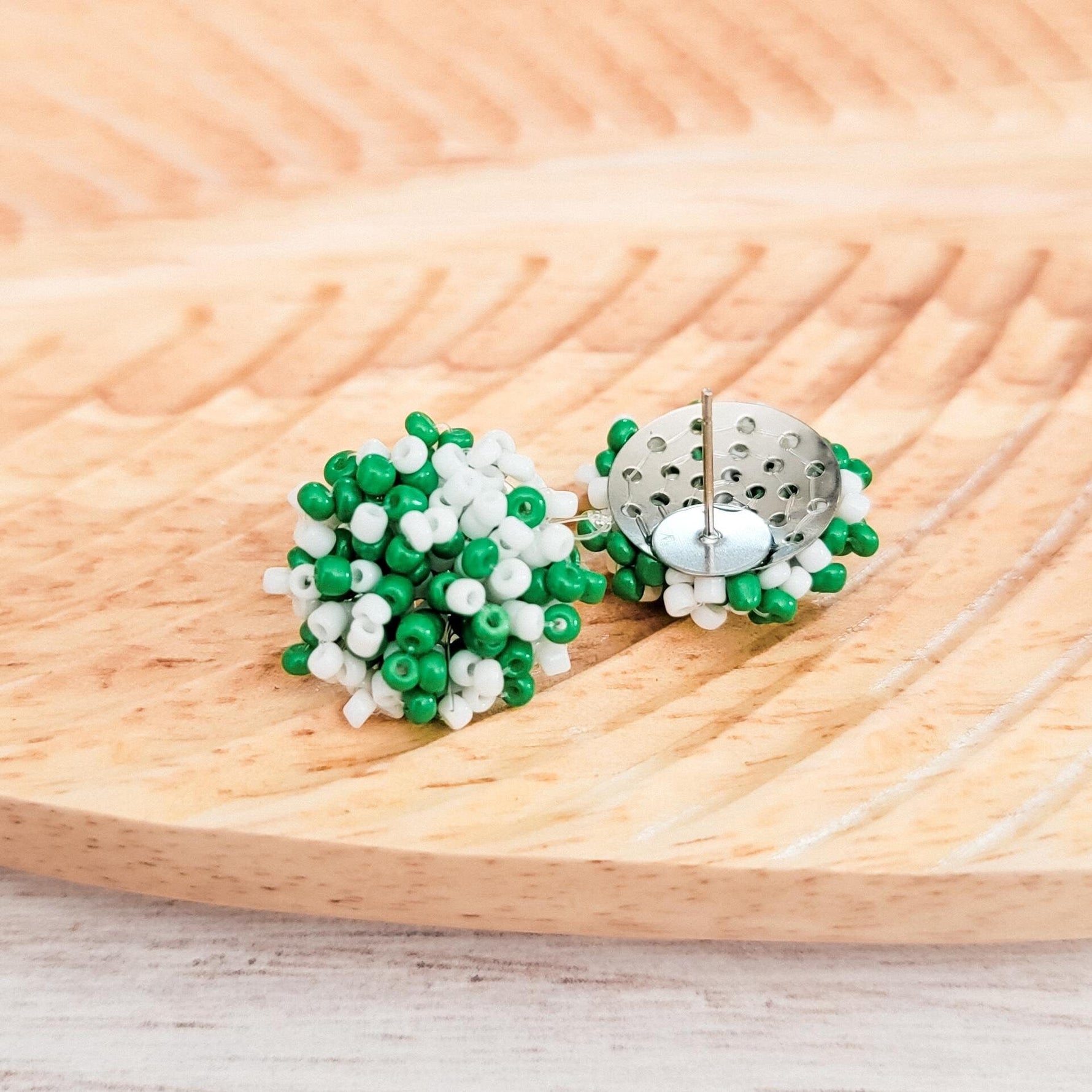 Kelly Green and White Mix 15mm Small Seed Bead Topper, 1 Pair, Seed Bead 80 - 