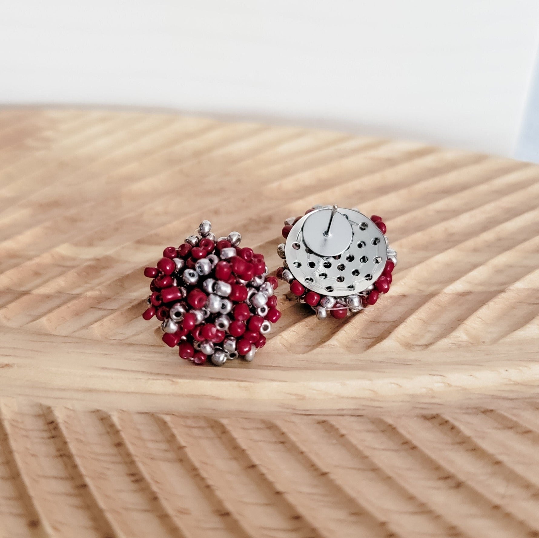 Maroon and Silver Mix 15mm Small Seed Bead Topper, 1 Pair, Seed Bead 37 - 