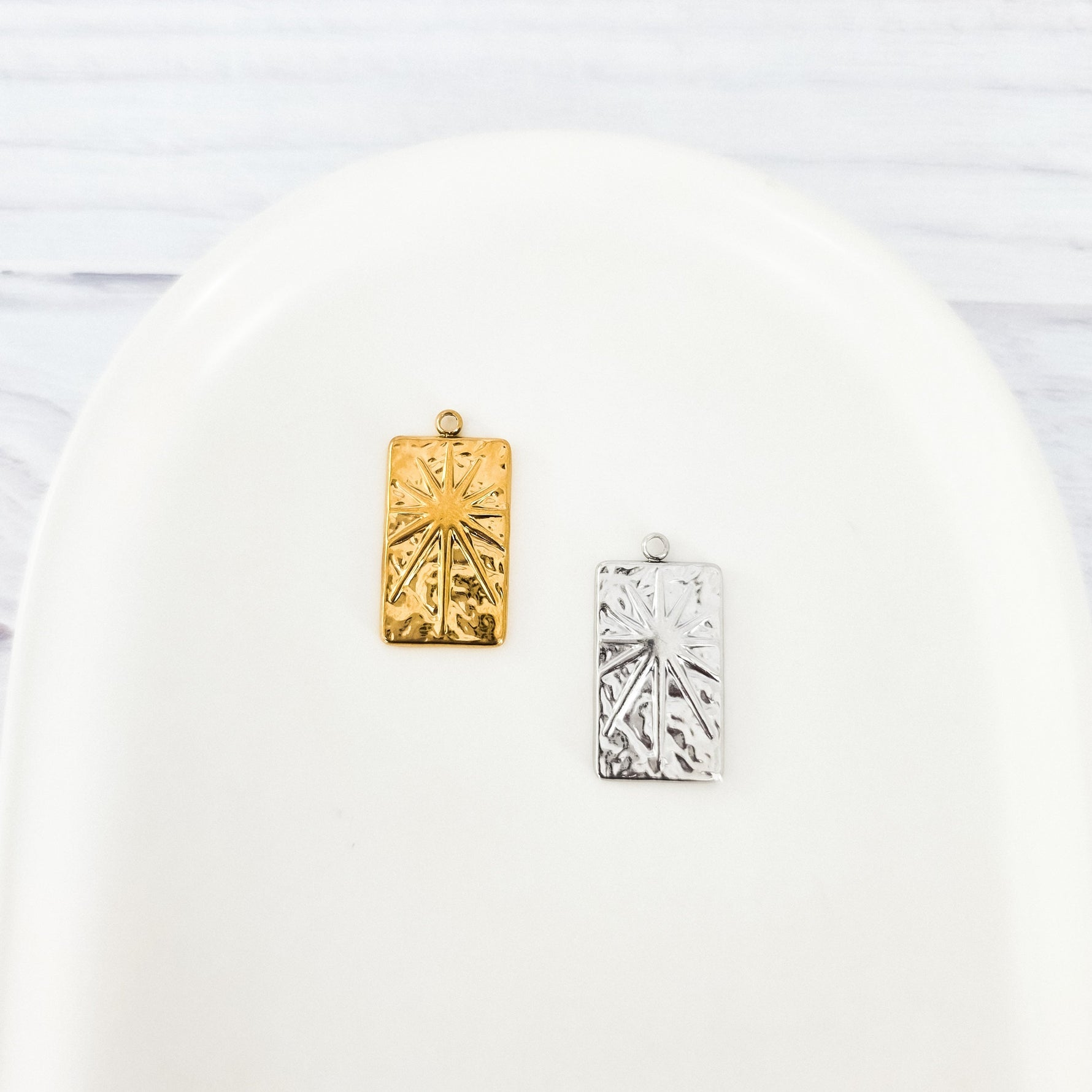 Medium Rectangle Sunburst Stainless Steel Charm (Silver or Gold), 10 Pieces, Charm 5 - 