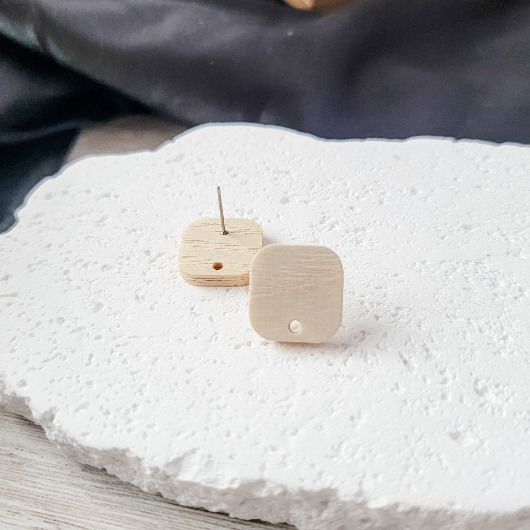 Natural Wooden Rounded Square Studs, 10 Pieces, Wood 37 - 