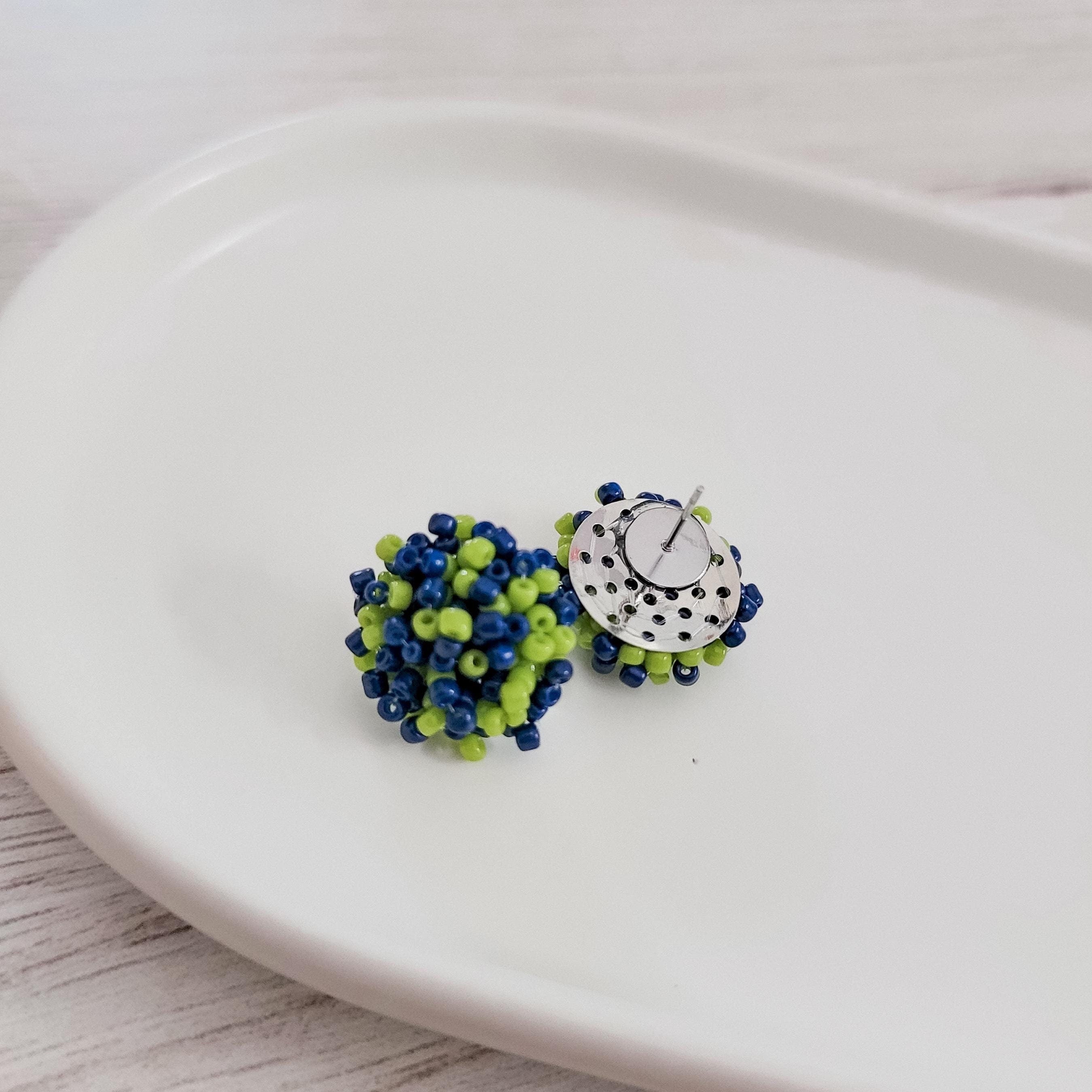 Navy and Spring Green Mix 15mm Small Seed Bead Topper, 1 Pair, Seed Bead 54 - 