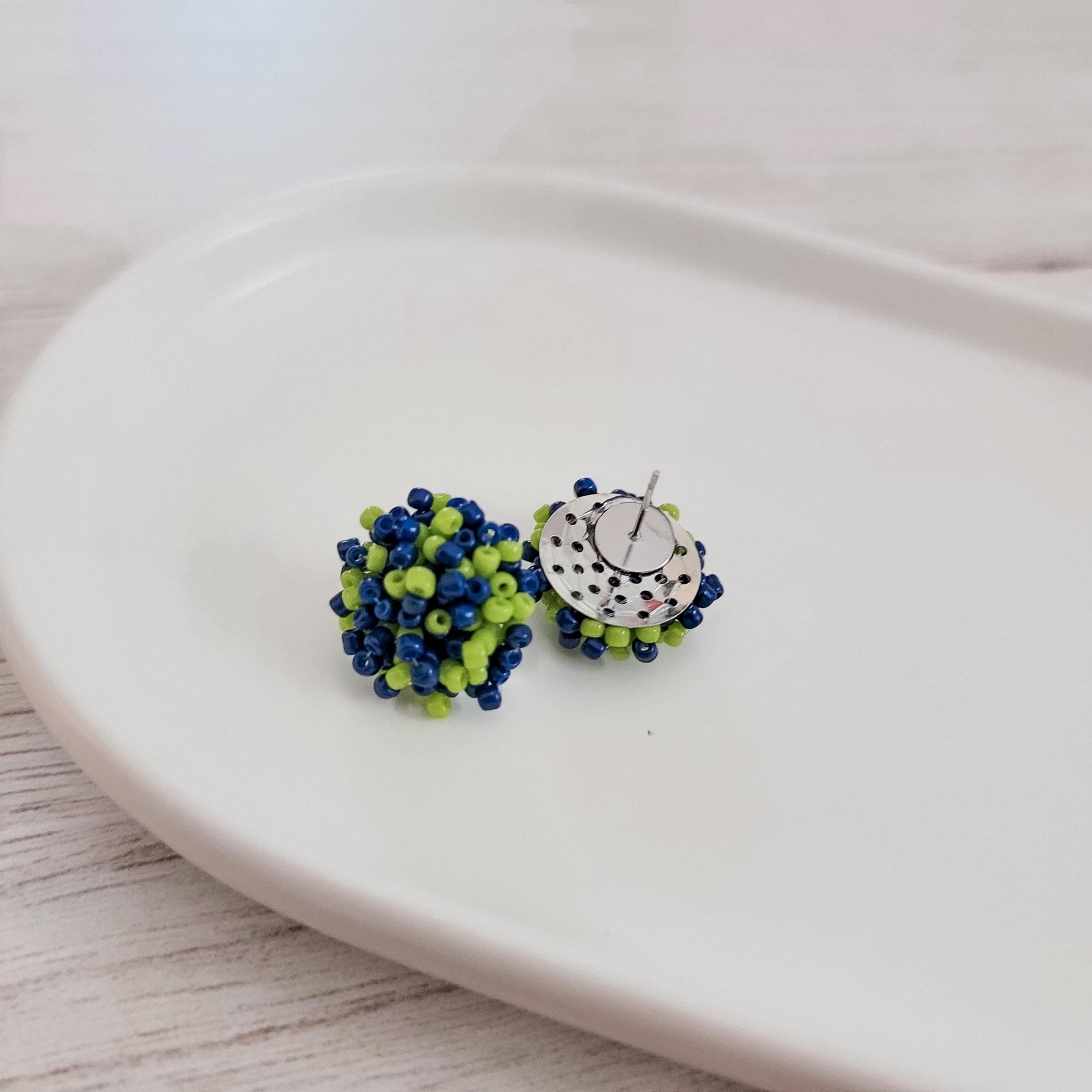 Navy and Spring Green Mix 15mm Small Seed Bead Topper, 1 Pair, Seed Bead 54 - 