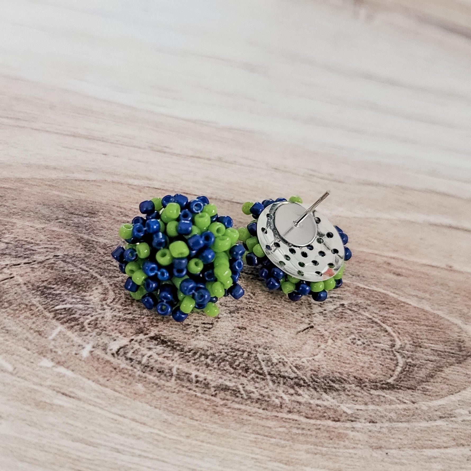 Navy and Spring Green Mix 15mm Small Seed Bead Topper, 1 Pair, Seed Bead 54 - 