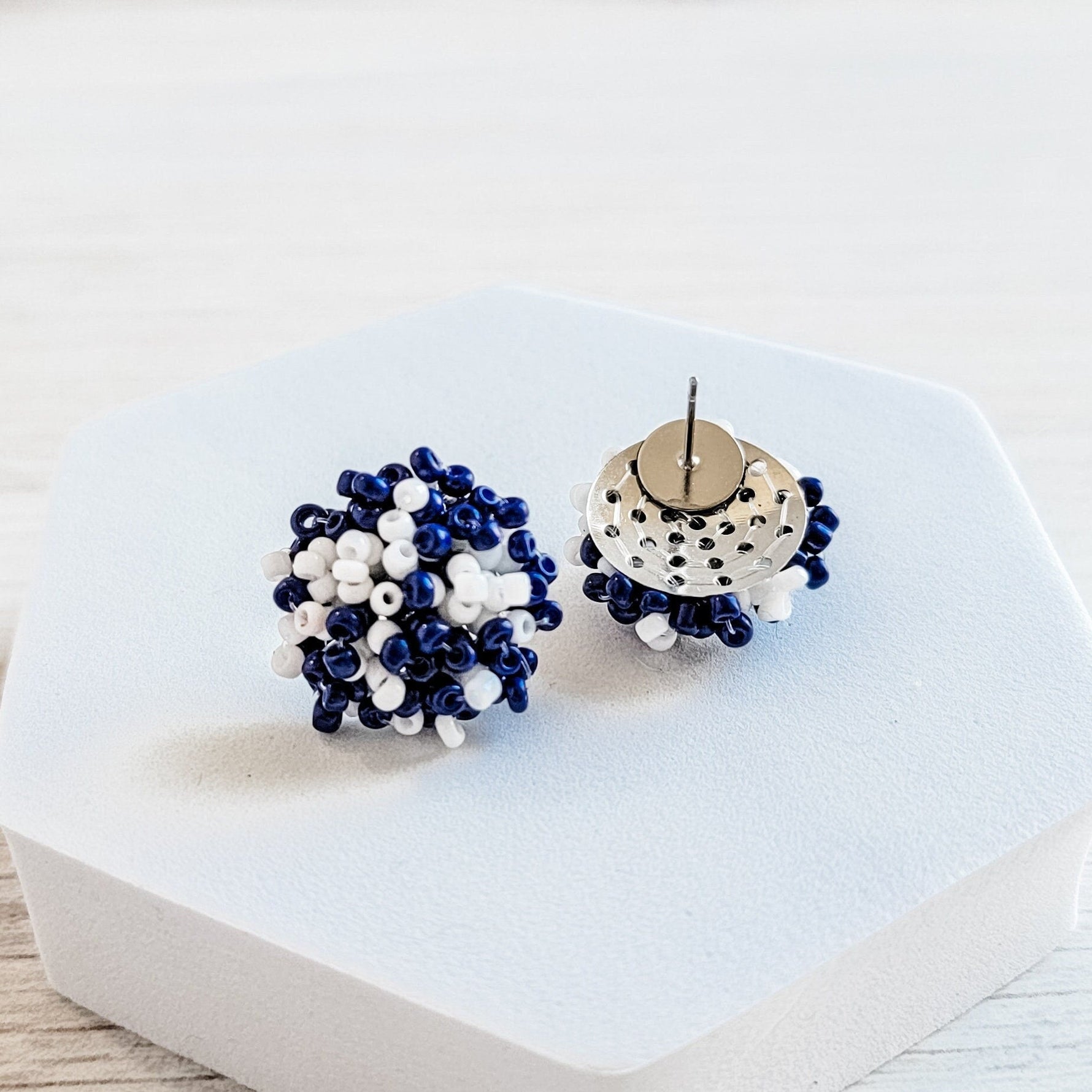 Navy and White Mix 15mm Small Seed Bead Topper, 1 Pair, Seed Bead 57 - 
