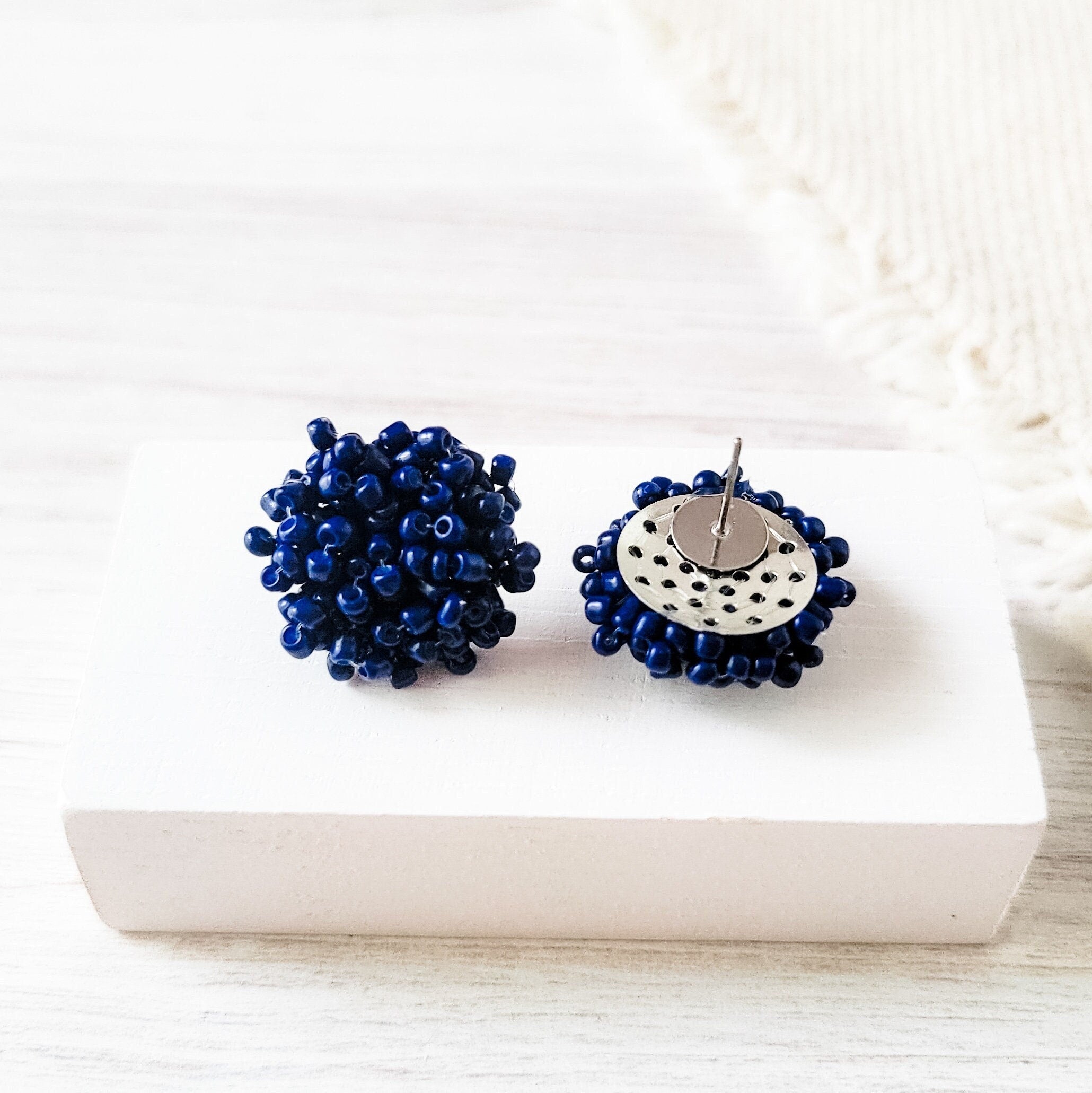 Navy Blue 15mm Small Seed Bead Topper, 1 Pair, Seed Bead 9 - 