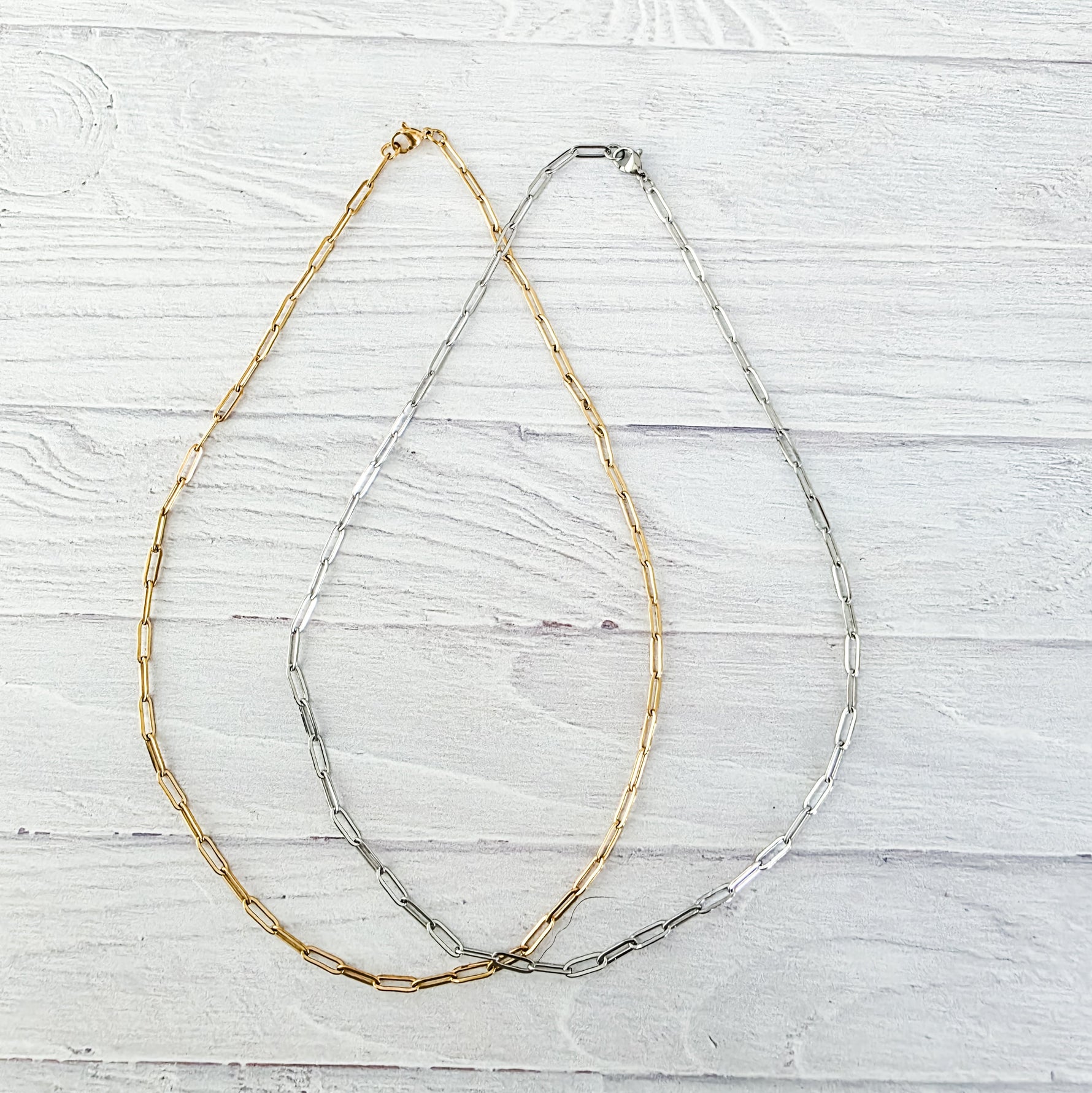 New Premium Full Necklace Paperclip Chain Finding (Silver or Gold Stainless Steel), Pack of 5, Chain 19 - 