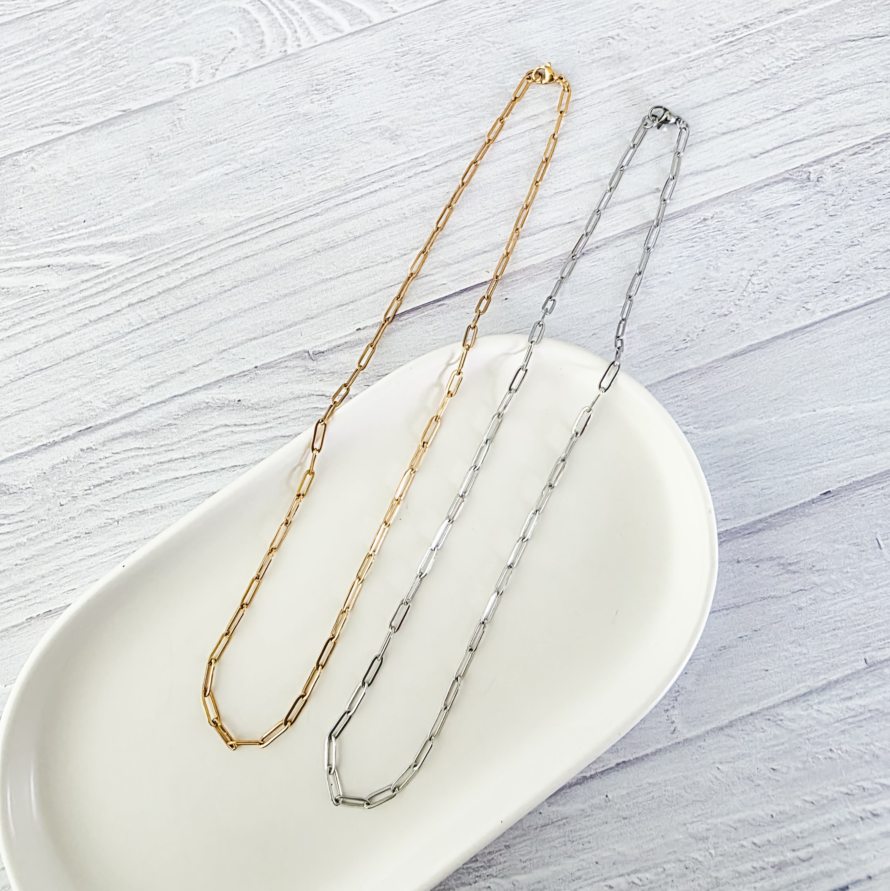 New Premium Full Necklace Paperclip Chain Finding (Silver or Gold Stainless Steel), Pack of 5, Chain 19 - 
