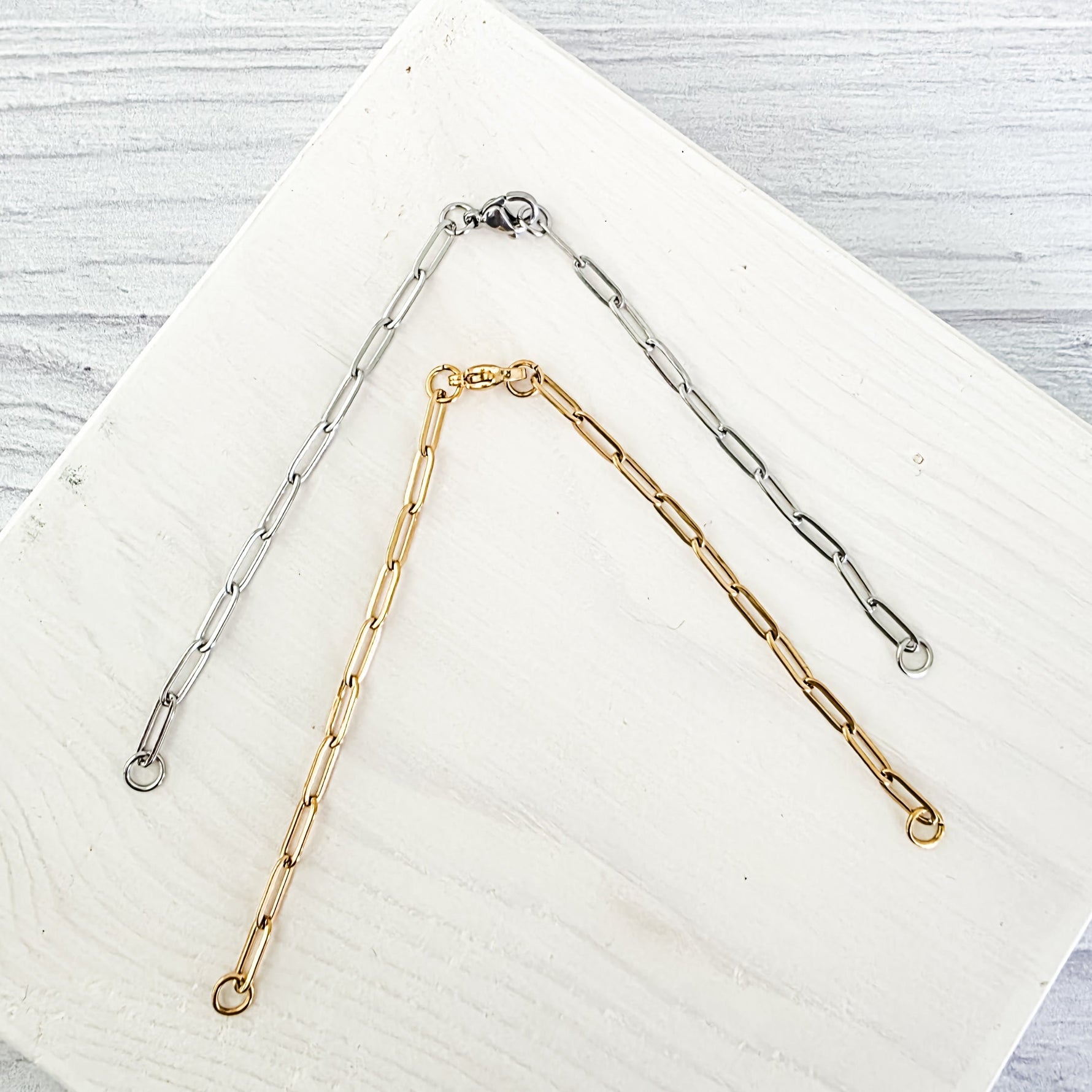 New Premium Split Bracelet Paperclip Chain Finding (Silver or Gold Stainless Steel), Pack of 5, Chain 16 - 