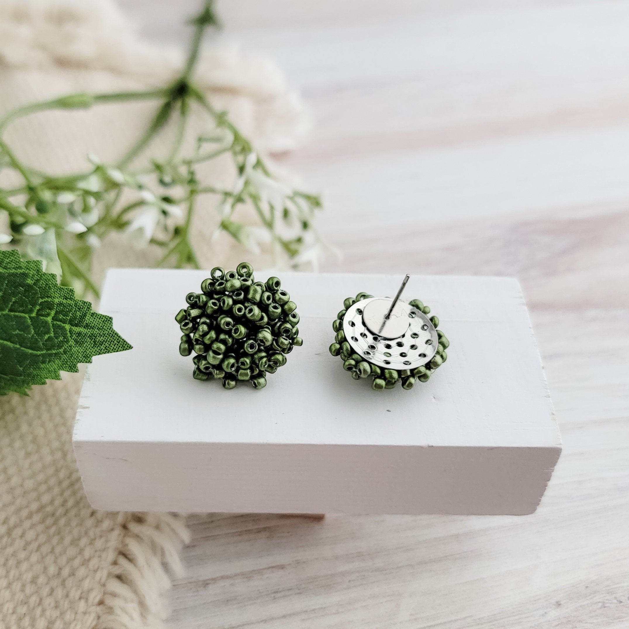 Olive (Metallic) 15mm Small Seed Bead Topper, 1 Pair, Seed Bead 22 - 