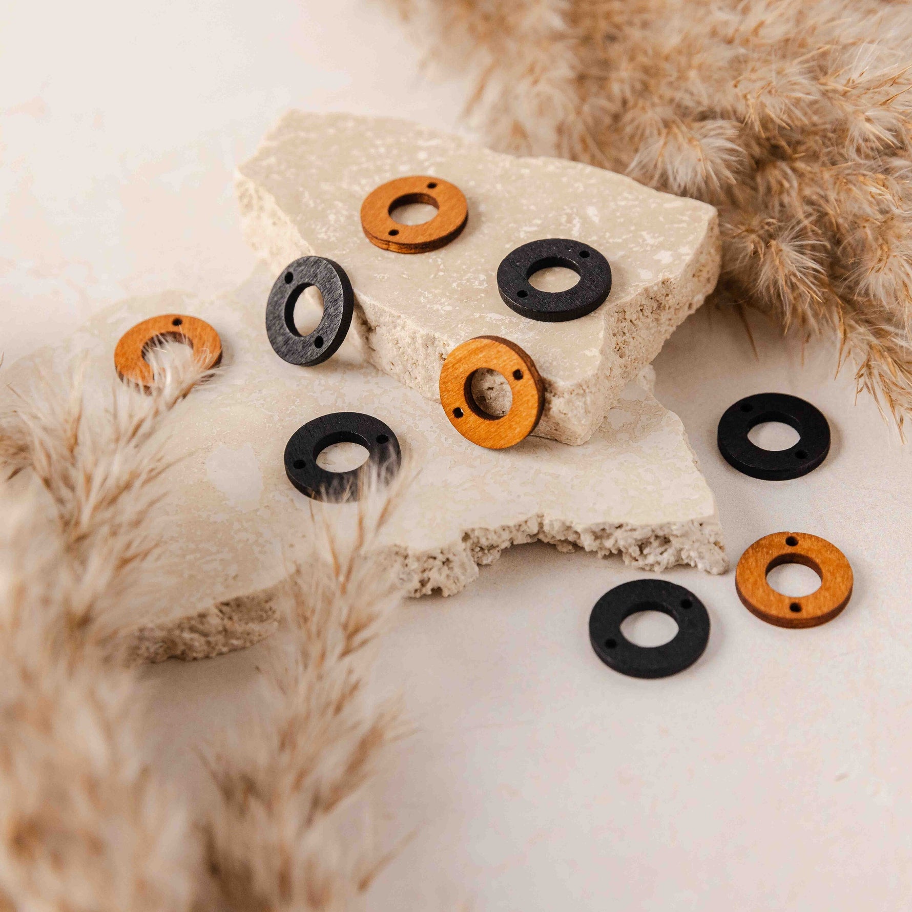 Open Circle 2 - Hole Black Wooden Connectors, 10 Pieces, Wood 53 - 